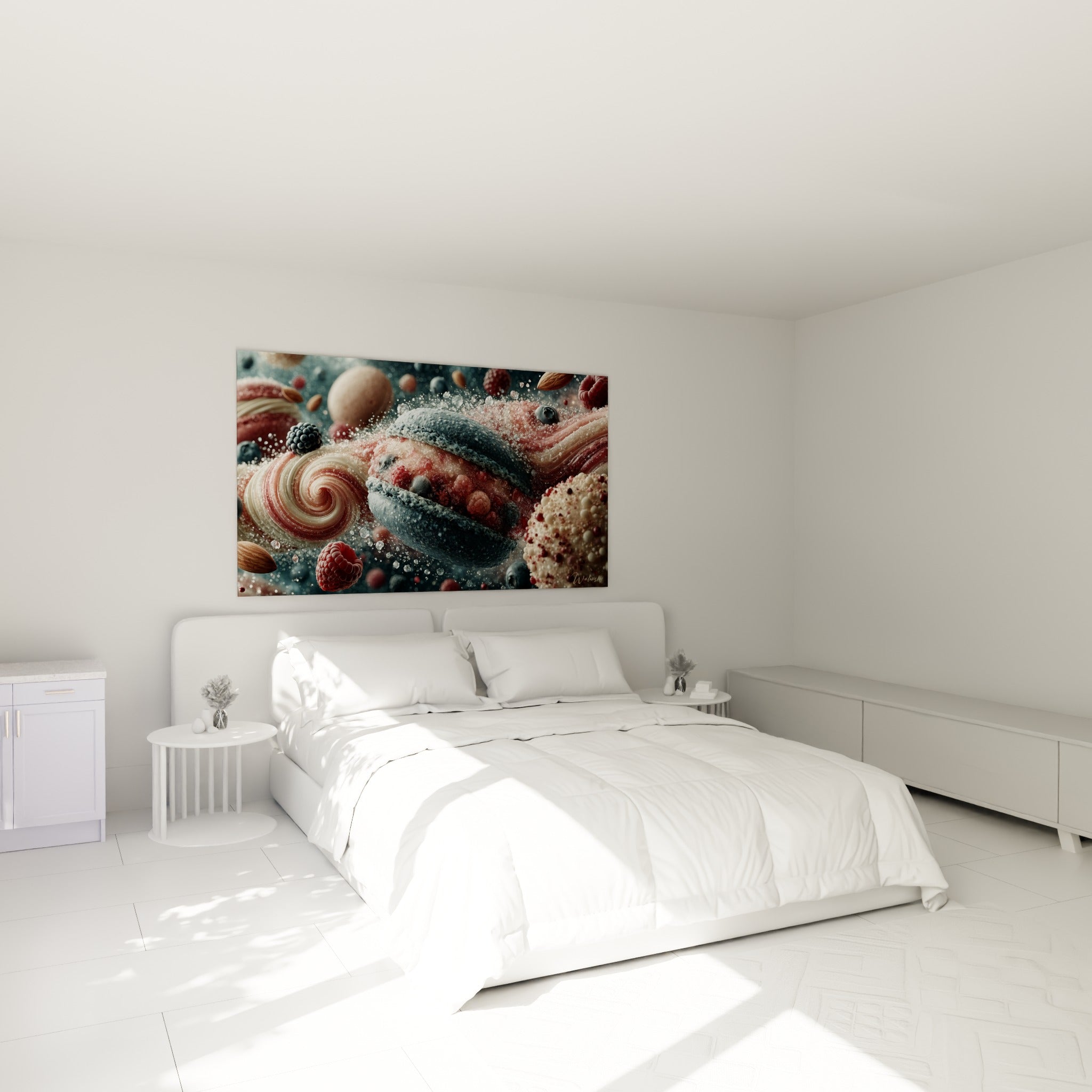 Composition sucrée aux tons bleu marine et bordeaux au-dessus d'un lit dans une chambre claire