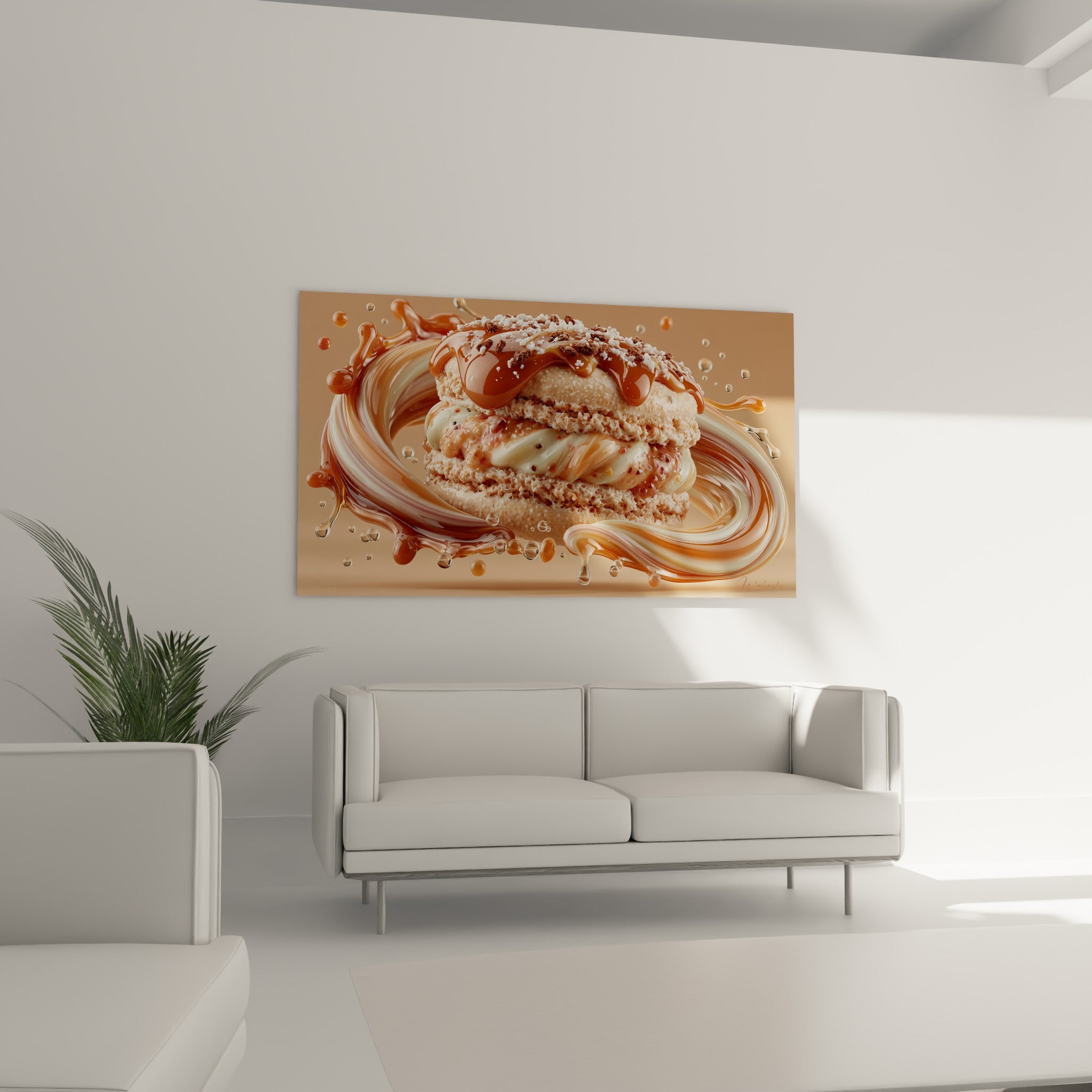 Macaron brun caramel et crème blanche en mouvement, placé au-dessus d'un canapé dans un salon lumineux