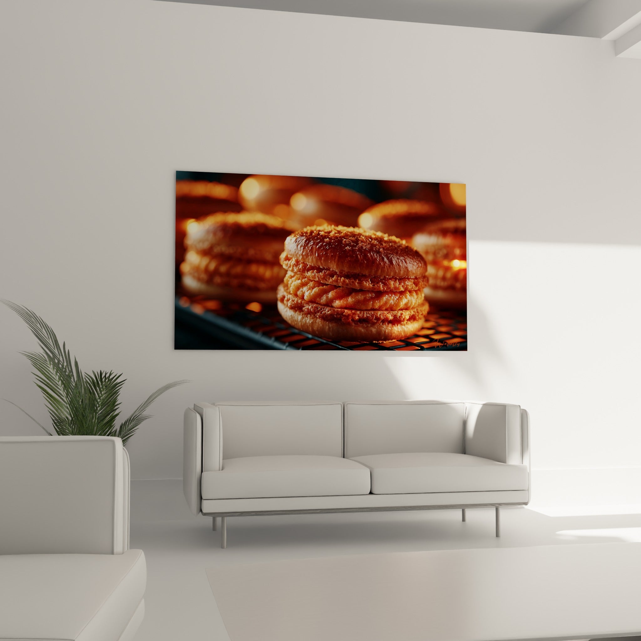 Macarons dorés et bruns à la texture croustillante, au-dessus d'un canapé dans un salon lumineux
