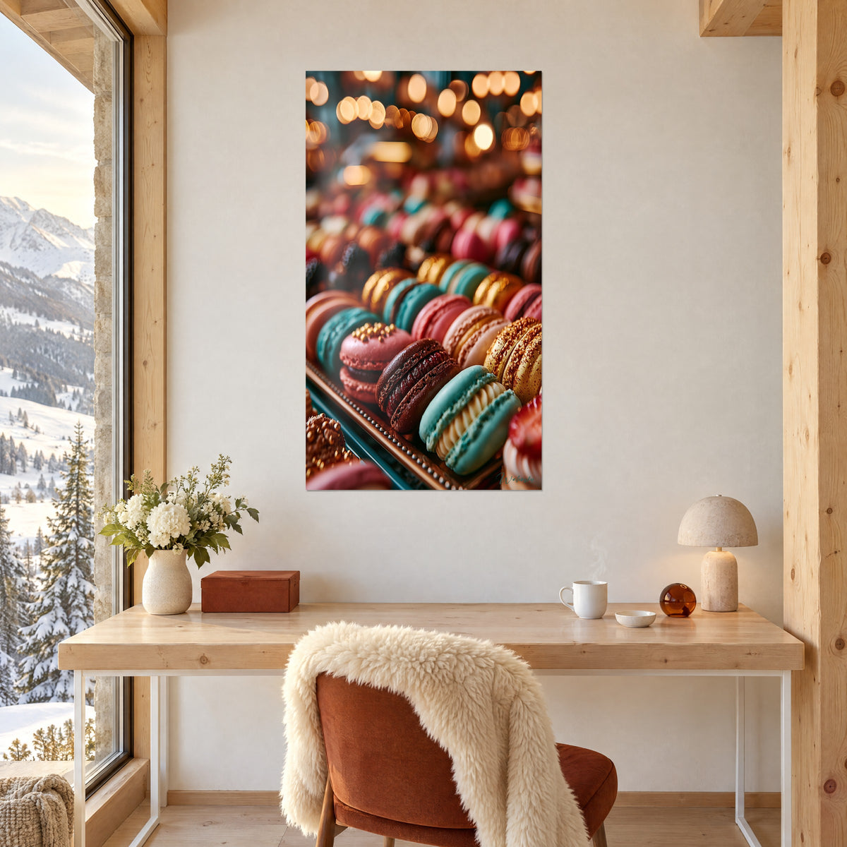 Cuadro surtido de macarons burdeos y turquesa, bokeh dorado, colgado sobre un escritorio de madera clara, ventana a los abetos