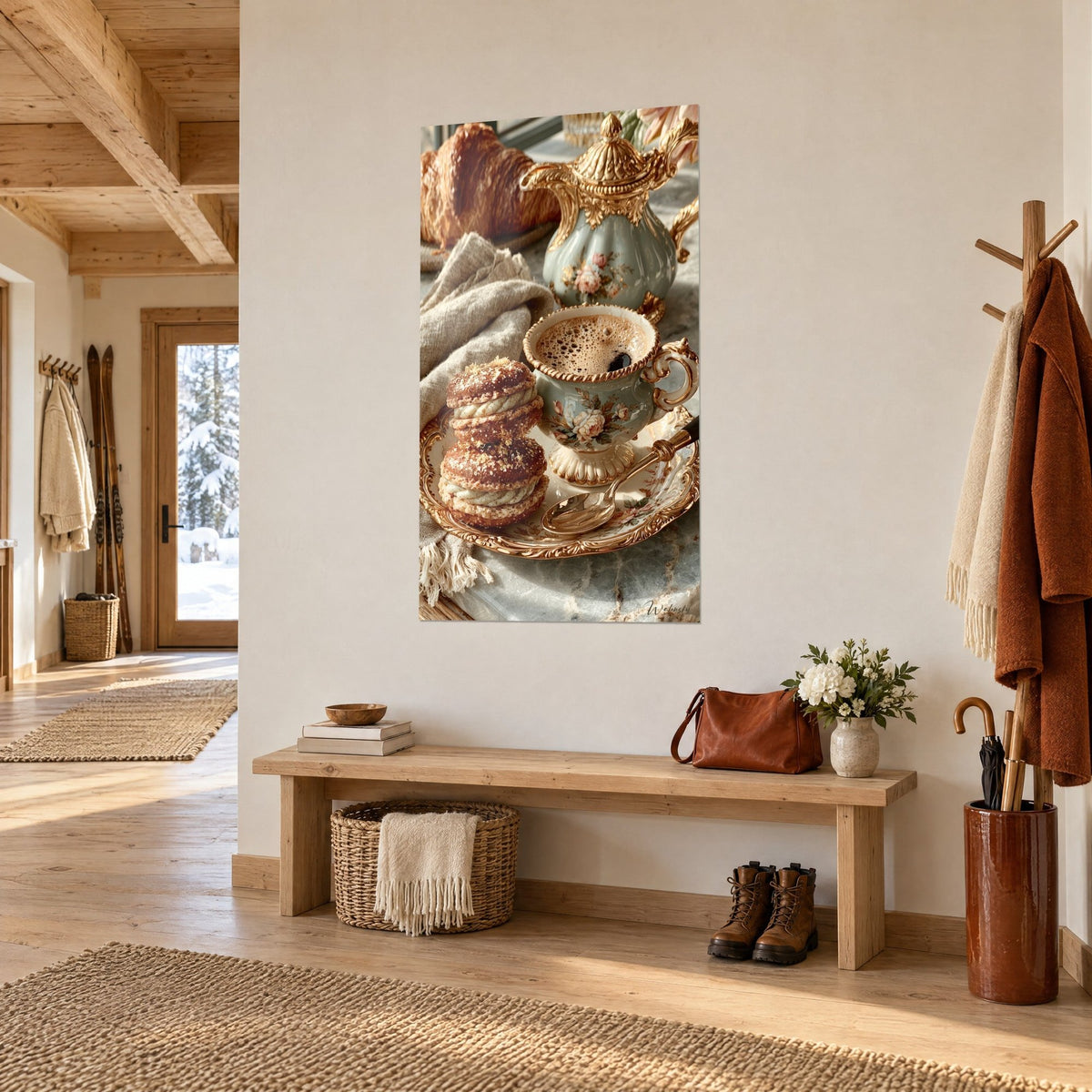 Tableau douceur matinale : café mousseux dans une tasse porcelaine vert sauge, liseré doré, croissant brun, entrée de chalet