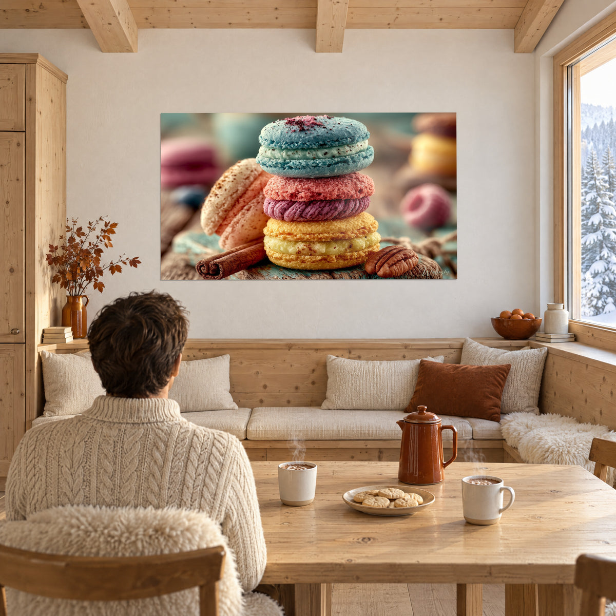 Wall art of three crisp macarons stacked up, blue, coral pink and golden yellow, brown cinnamon sticks, above a wooden table