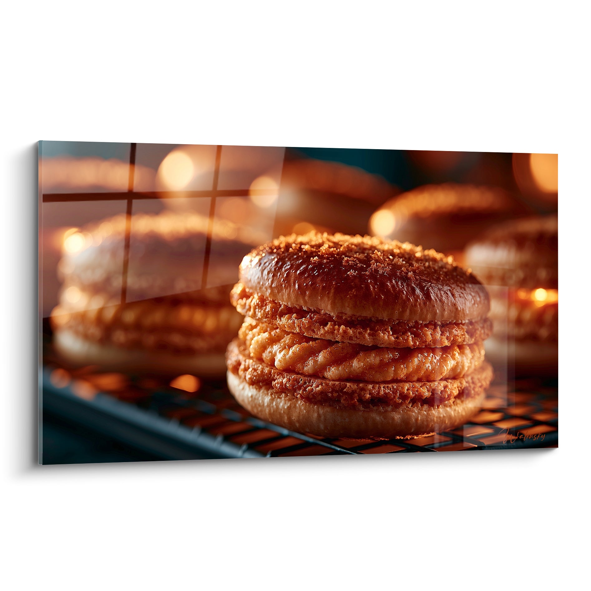 Macarons empilés au caramel doré et brun profond sur grille métallique anthracite