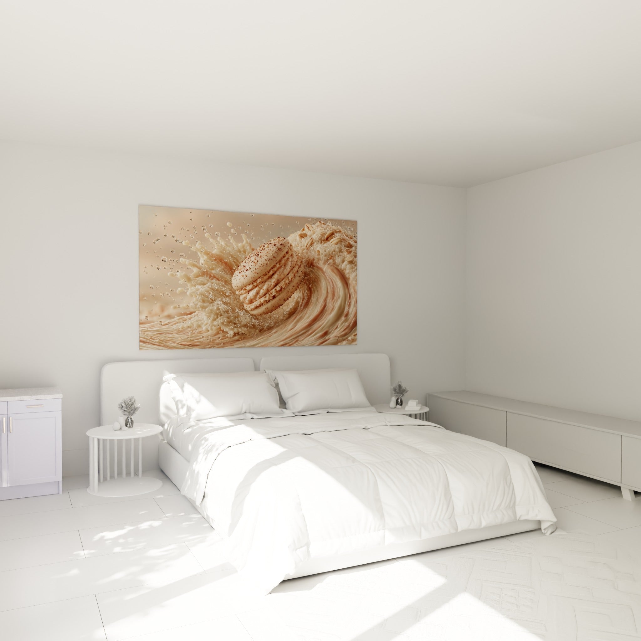 Gourmandise crème et terracotta figée dans une déferlante, au-dessus d'un lit dans une chambre claire