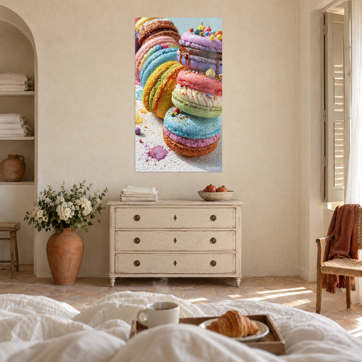 Cuadro de galletas de colores apiladas en torre, cáscaras turquesa y naranja espolvoreadas de azúcar, encima de una cama en un dormitorio claro