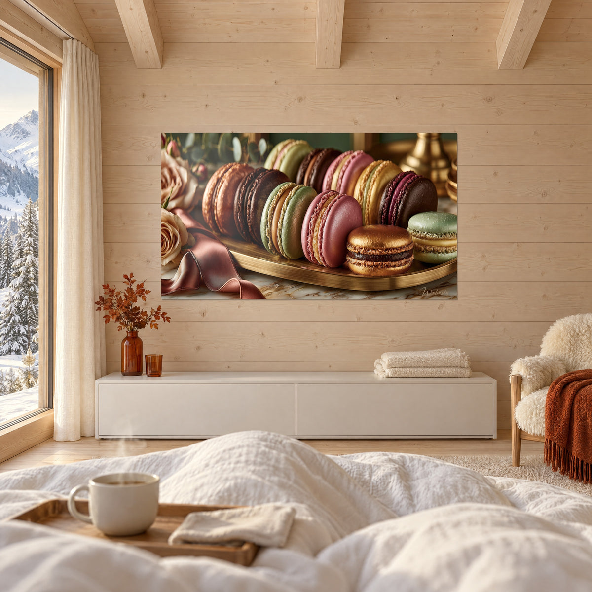 Wall art of bubblegum pink and chocolate macarons, gold shell in the foreground, above a bed in a bright bedroom