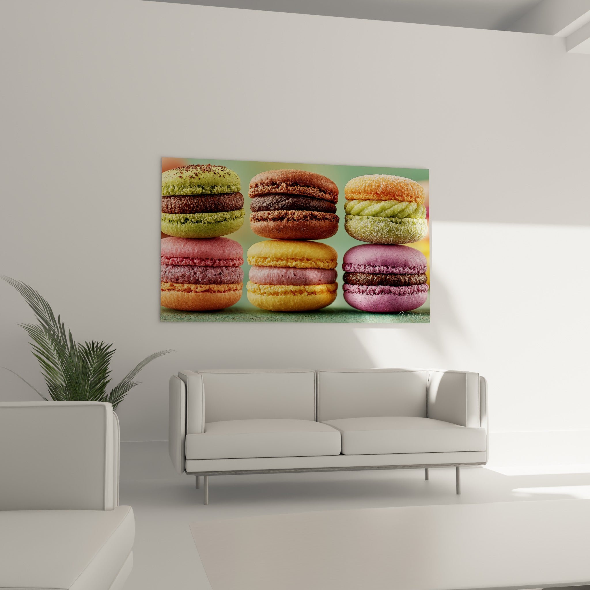 Rangée de macarons colorés, tons roses et chocolat, tableau macaron au-dessus d'un canapé dans un salon lumineux
