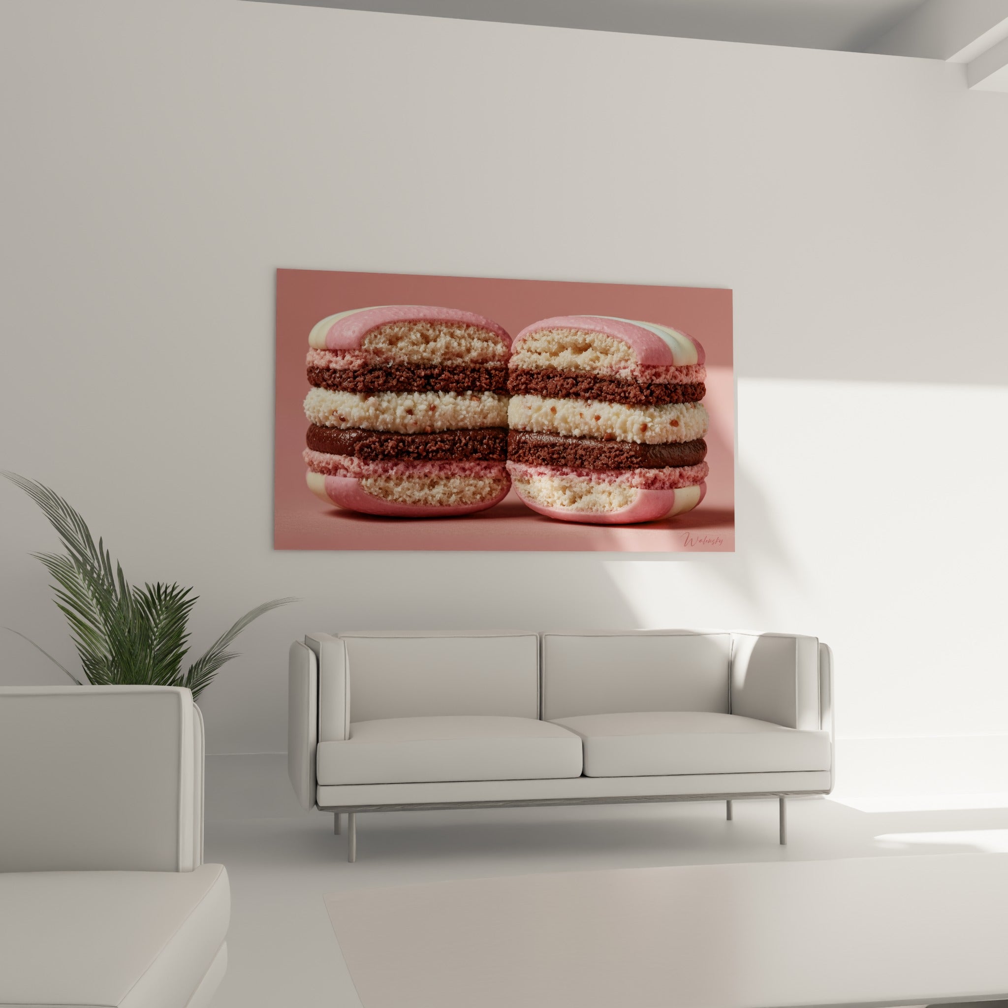 Pâtisseries sucrées aux teintes rose et chocolat brun disposées au-dessus d'un canapé dans un salon lumineux