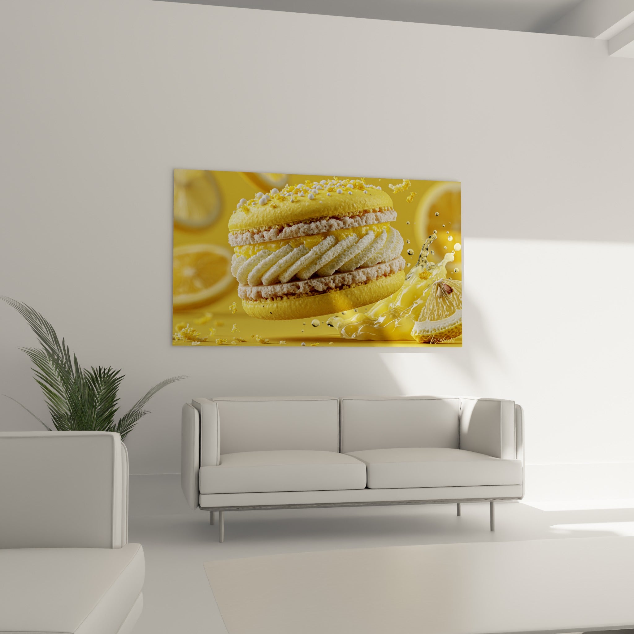 Gourmandise citronnée aux teintes jaune et blanc crème au-dessus d'un canapé dans un salon lumineux