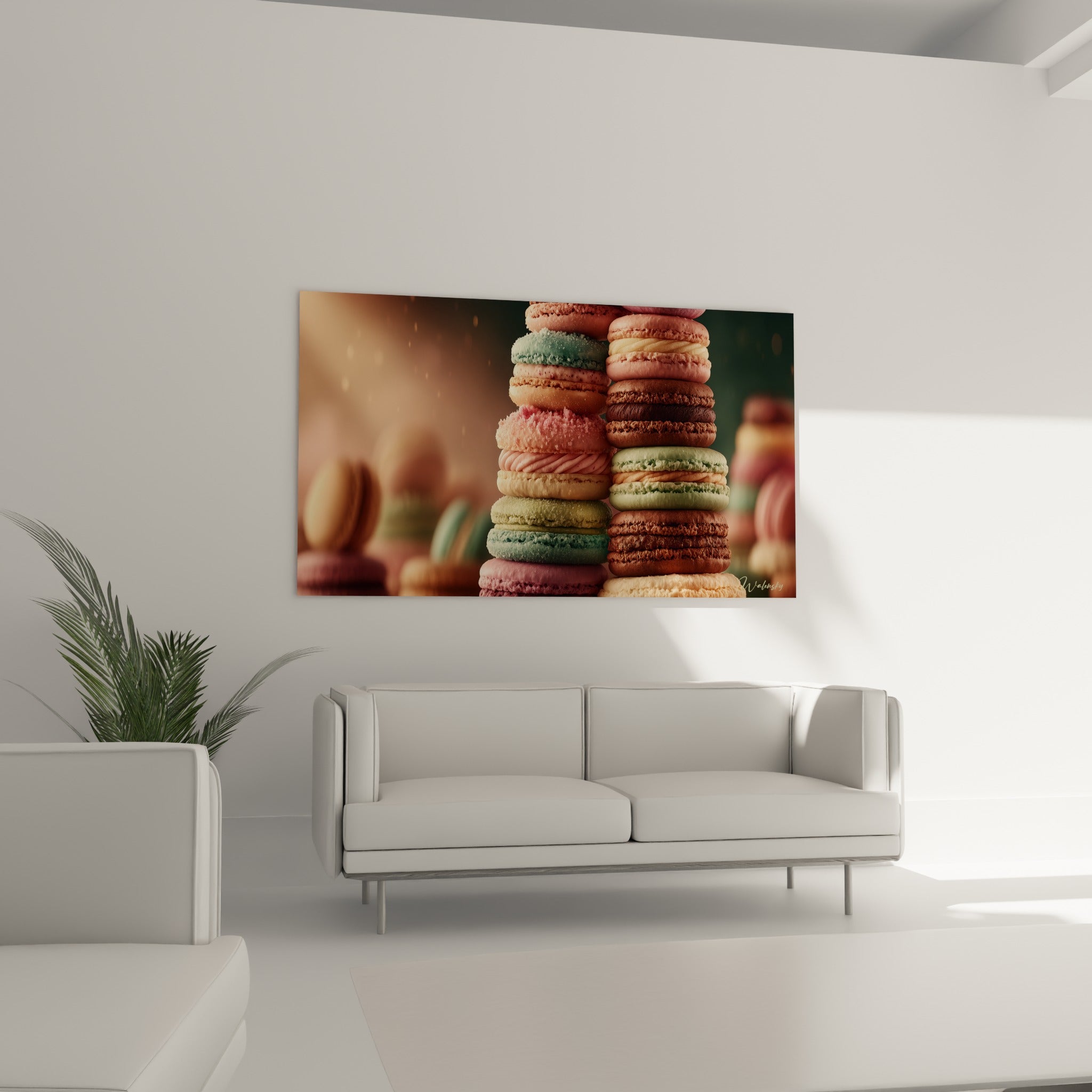 Empilement de macarons vert d'eau et chocolat accroché au-dessus d'un canapé dans un salon lumineux.