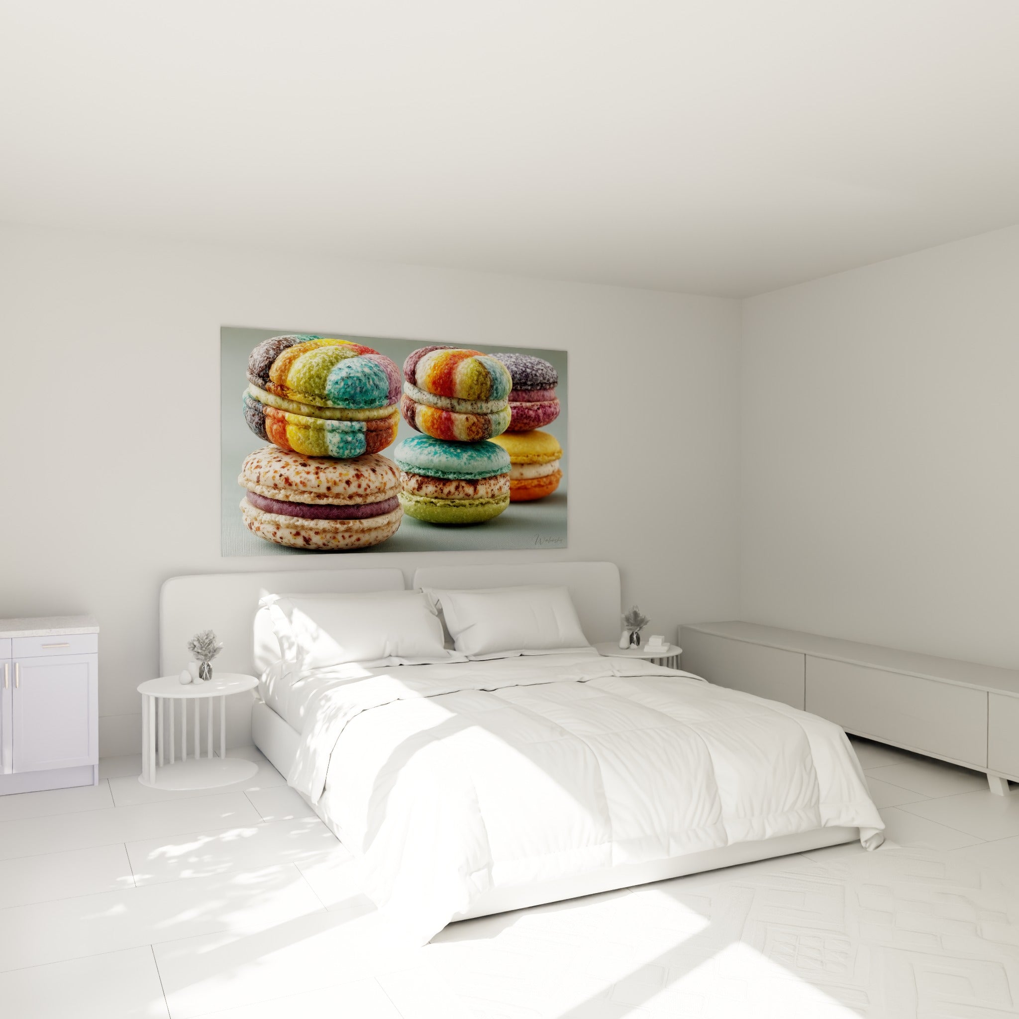 Macarons colorés turquoise et violet accrochés au-dessus d'un lit dans une chambre claire