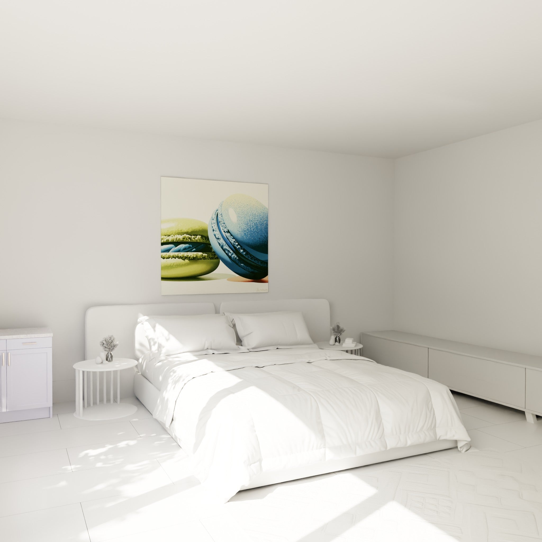 Macaron bleu marine et vert sauge aux coques craquelées, au-dessus d'un lit dans une chambre claire