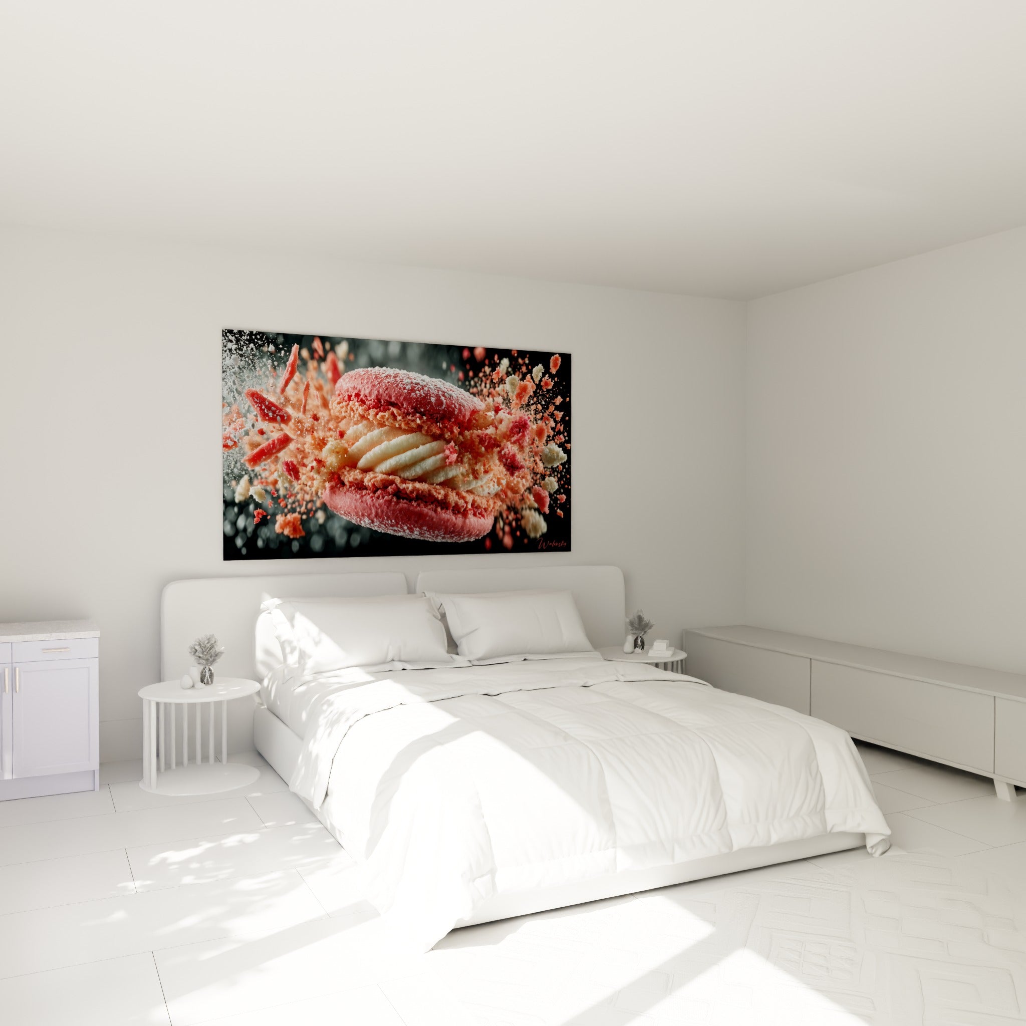 Éclats de macaron corail et crème blanche au-dessus d'un lit dans une chambre claire