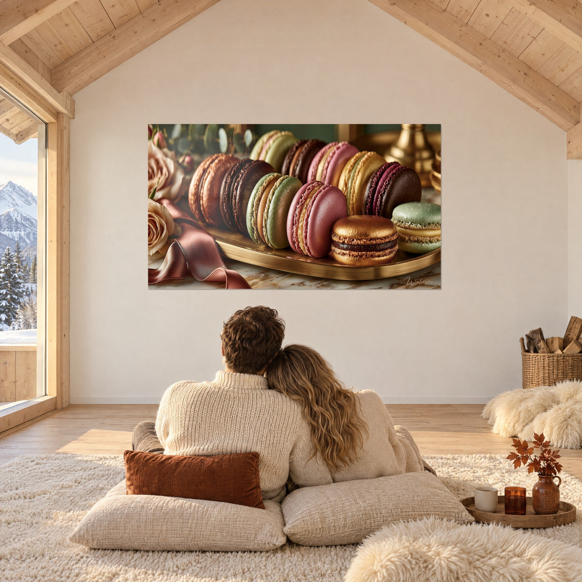 Wall art of chocolate, pink and aqua macarons on veined marble, satin ribbon, admired by a couple in a mountain chalet