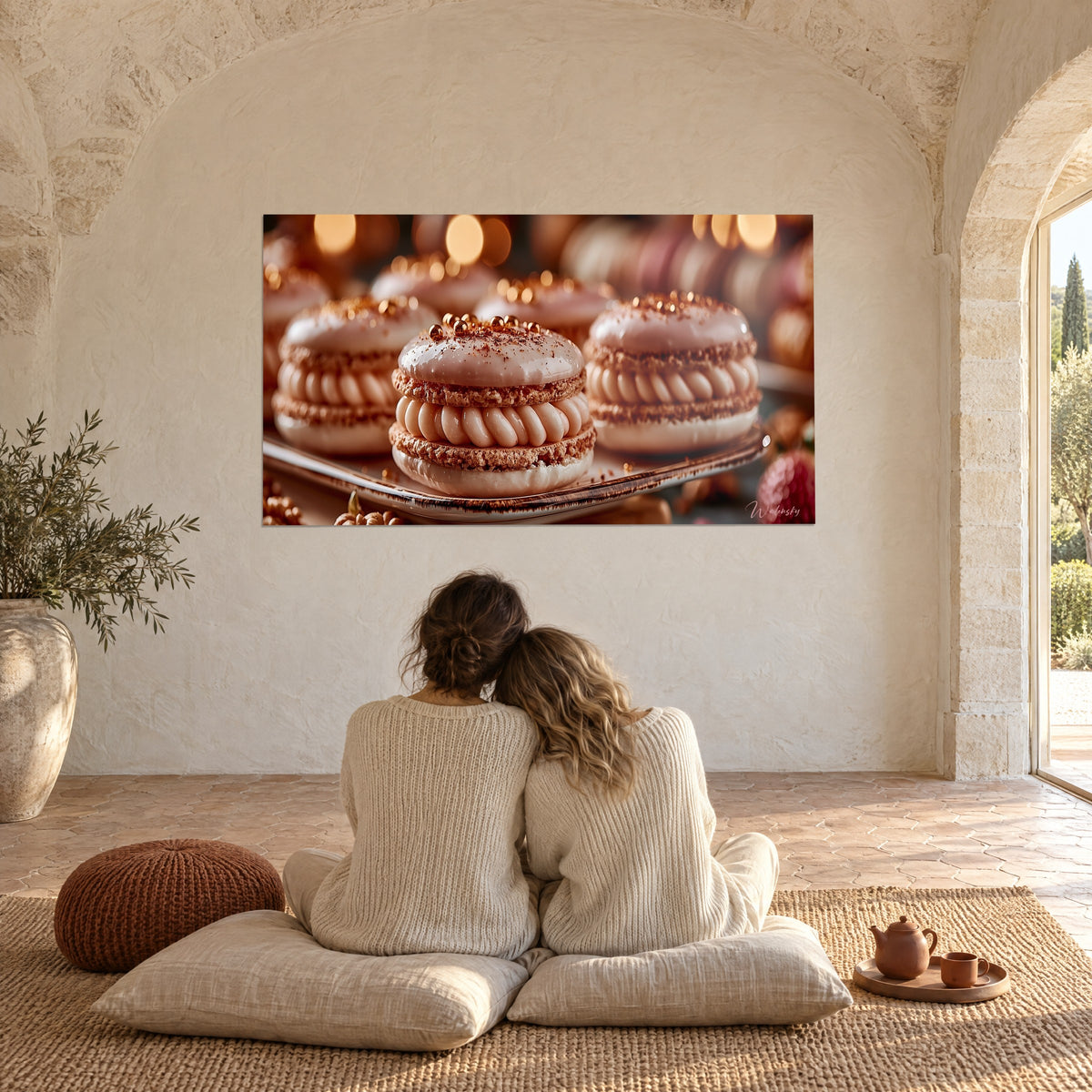 Gemälde drei Schokoladen-Ganache-Macarons, beige Creme und goldene Perlen, gegenüber zwei Personen auf elfenbeinfarbenen Kissen sitzend