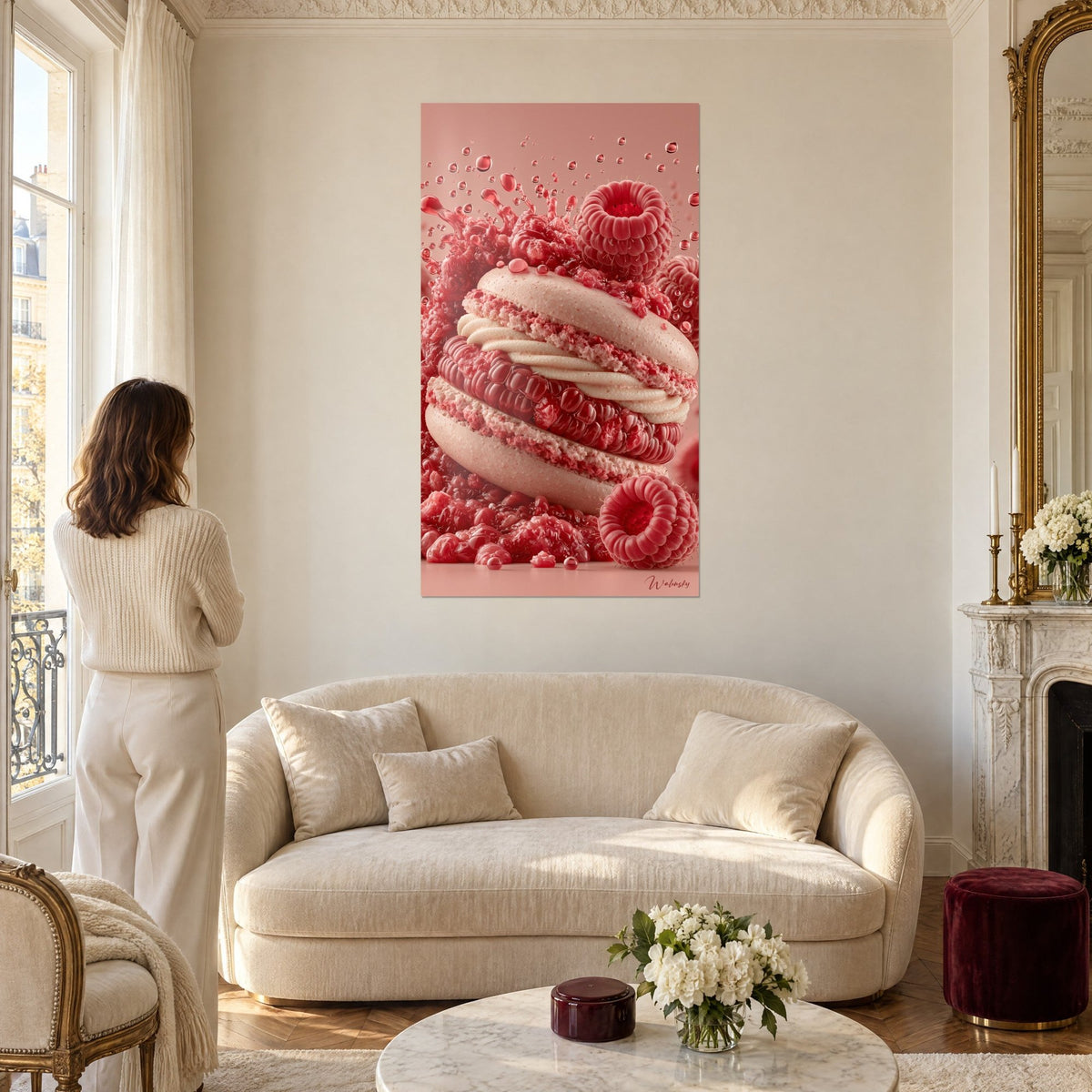 Tableau macaron ivoire fourré de framboises rouges et crème, gouttes de coulis en suspension, femme de dos au-dessus d'un canapé dans un salon lumineux