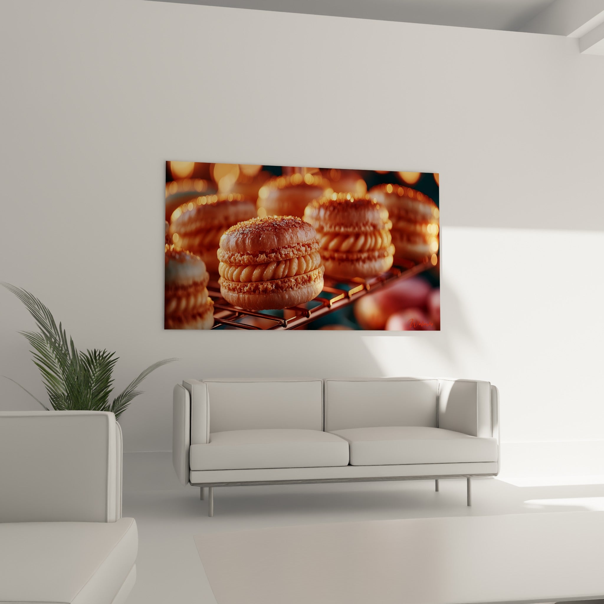 Macaron cuivré et sa ganache striée, accroché au-dessus d'un canapé dans un salon lumineux