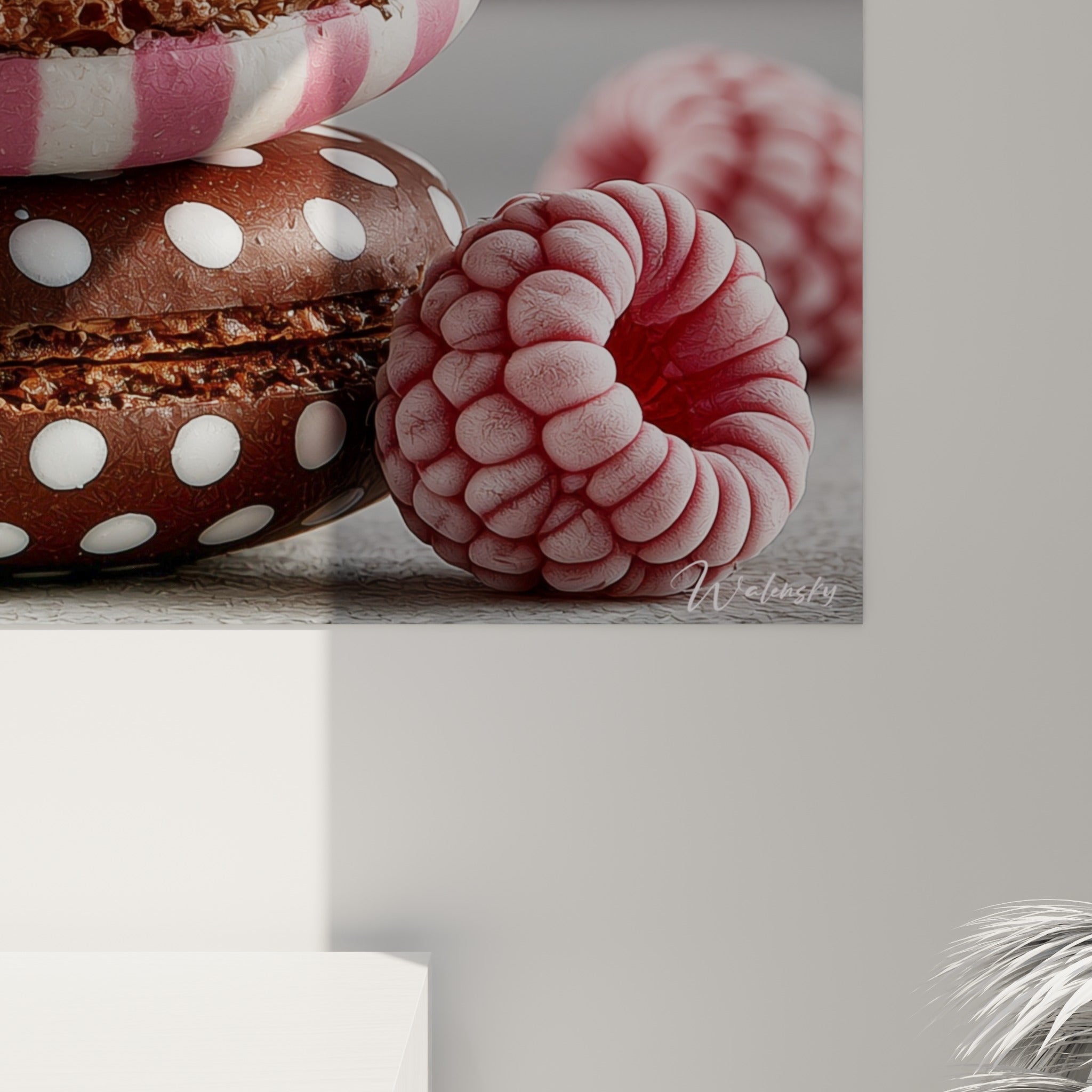 Détail rapproché du glaçage chocolat brillant et de la crème rose entre les coques du macaron