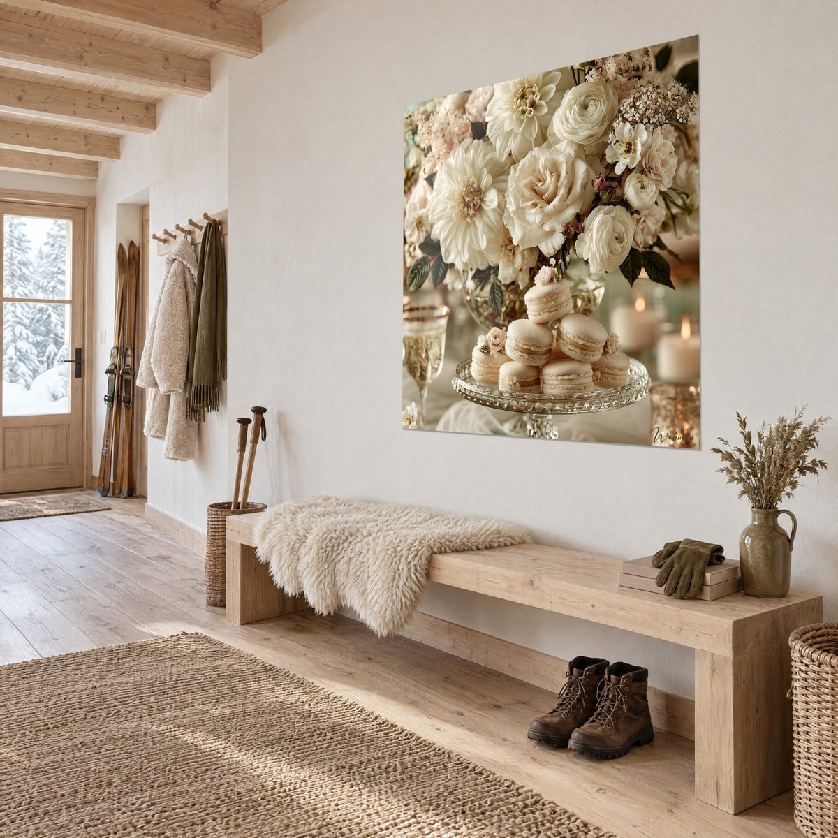 Tableau bouquet nuptial de ranoncules et roses poudrées, feuillage vert sombre, accroché au-dessus d'un banc en bois dans l'entrée d'un chalet
