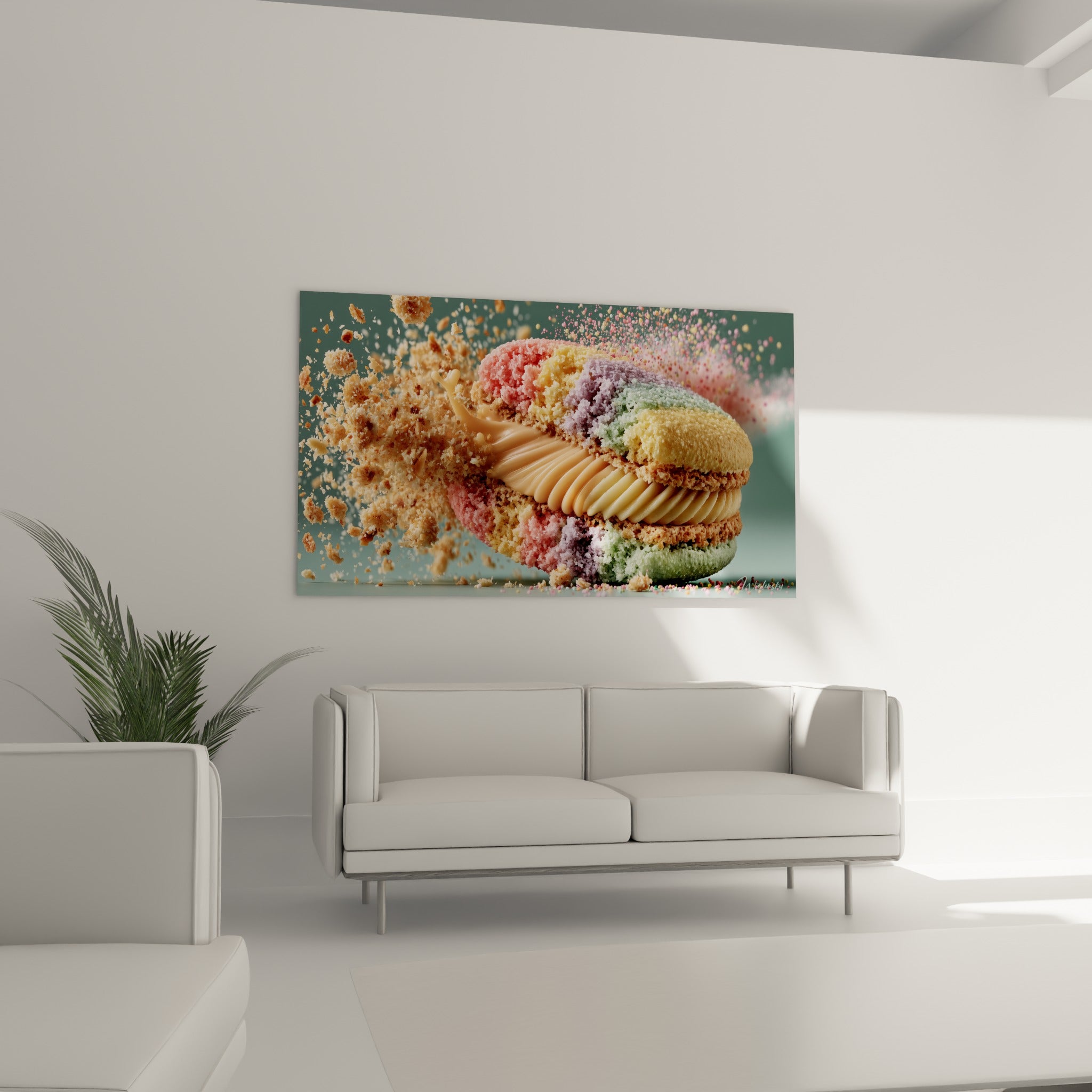Macaron gourmand aux miettes dorées et teintes pastel accroché au-dessus d'un canapé dans un salon lumineux