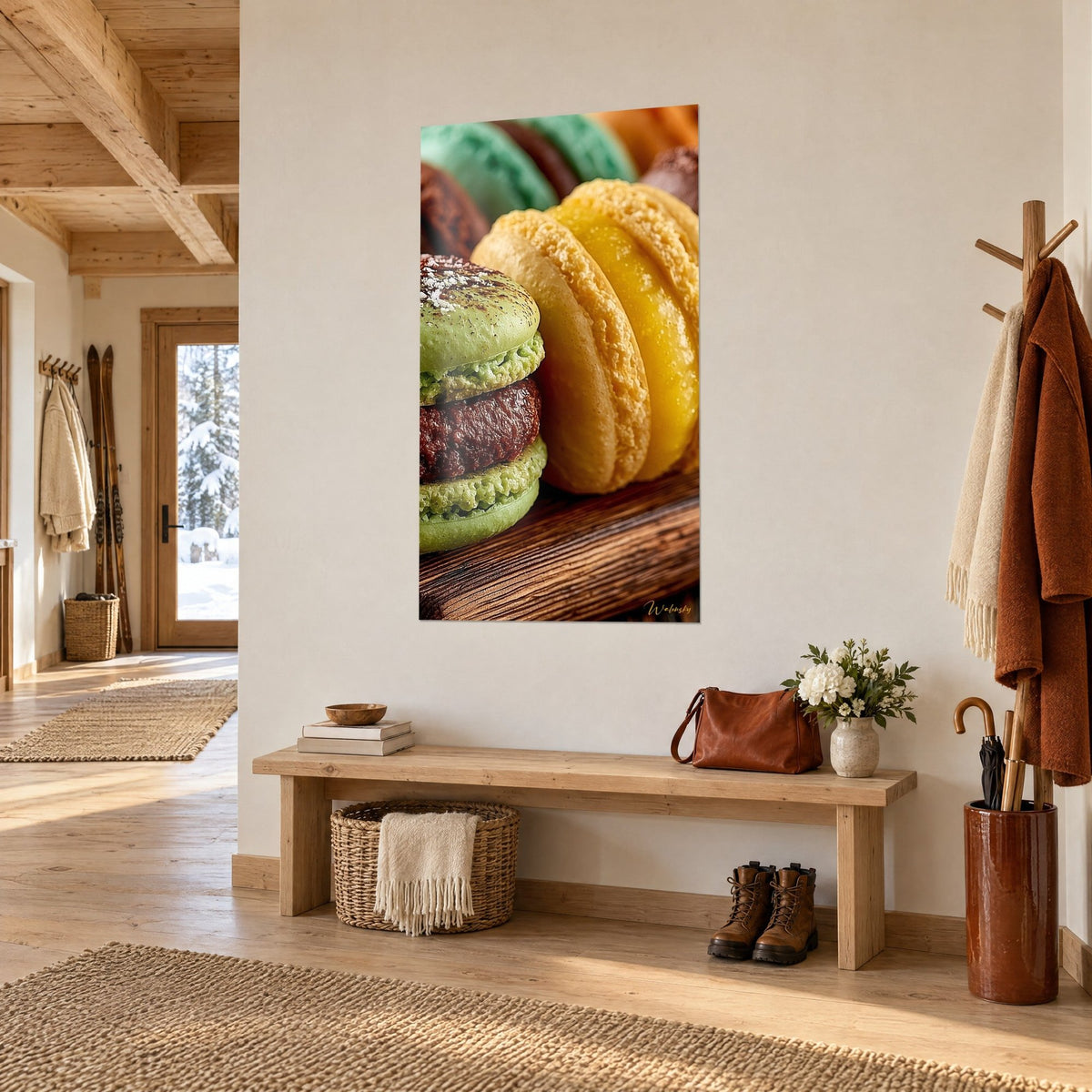 Tableau pâtisseries françaises croquantes, coques jaune beurre et vert tendre, ganache sombre, entrée de chalet en vue de trois-quarts