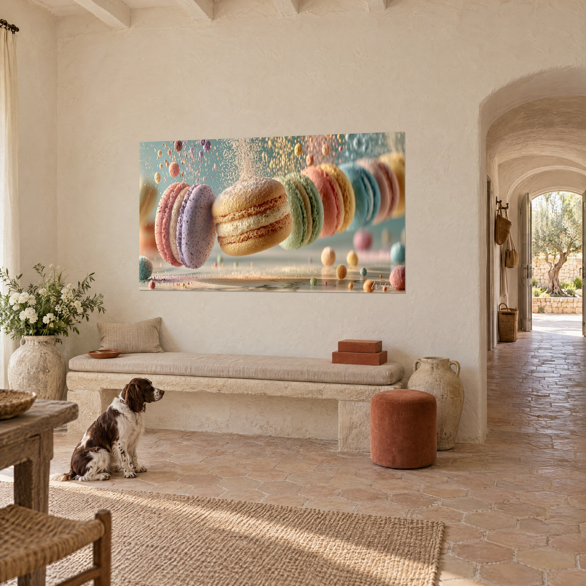 Levitating wall art of pastel pastries, sage and coral shells, colourful sugar pearls, three-quarter view, spaniel lying in a farmhouse