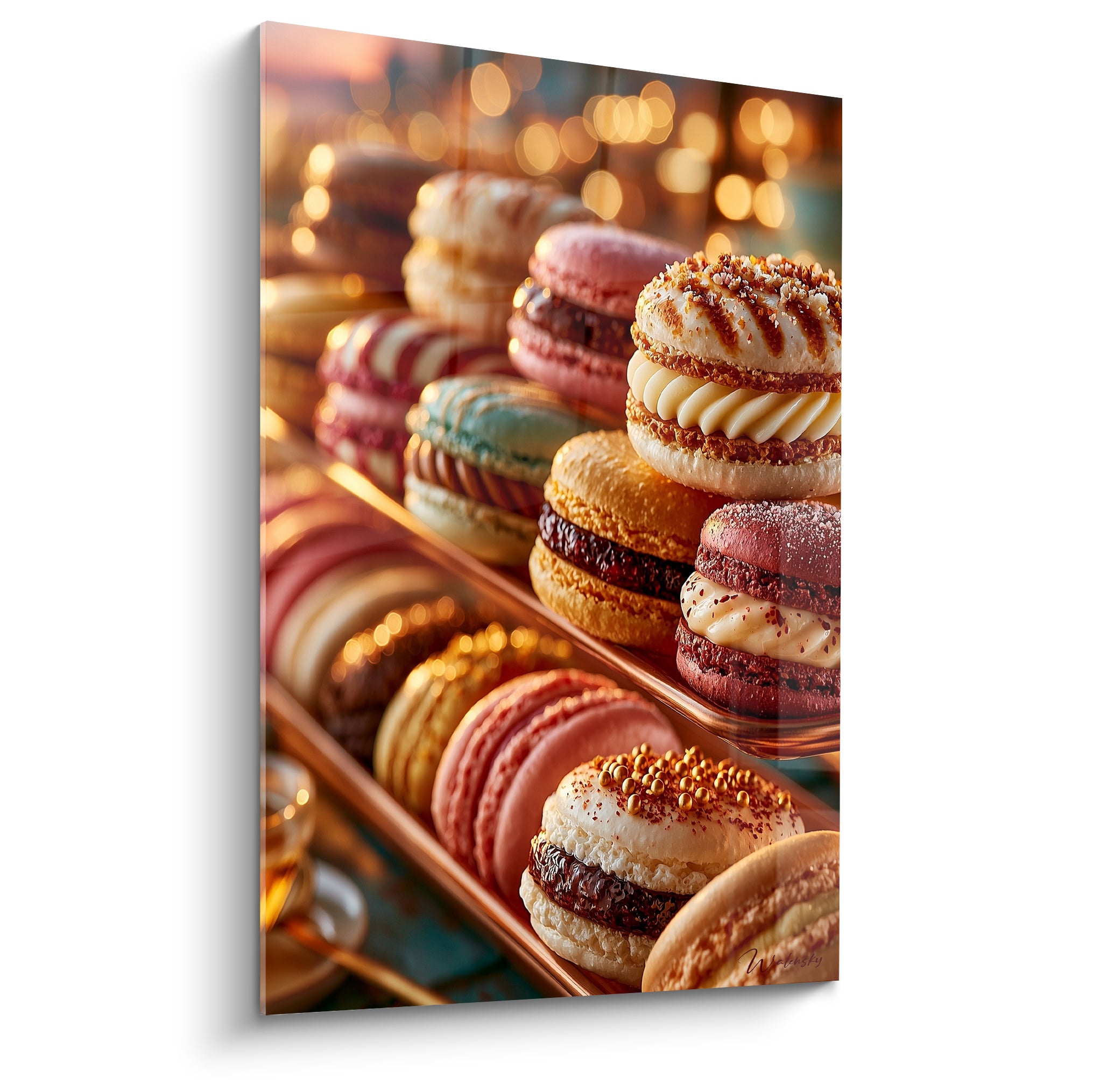Macarons dorés et roses empilés en vitrine, lumière chaude et bokeh scintillant à l'arrière-plan