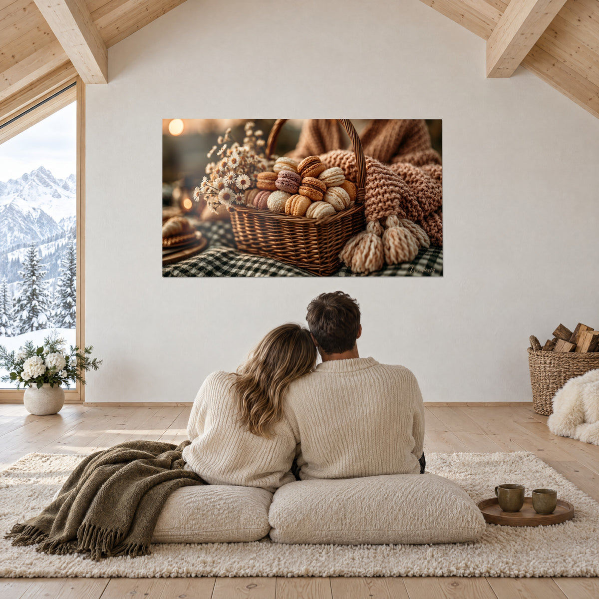 Schilderij gebak in beige en koperroze, gevlochten mand versierd met margrieten, bekeken door een koppel met de rug naar de kijker op kussens in het chalet