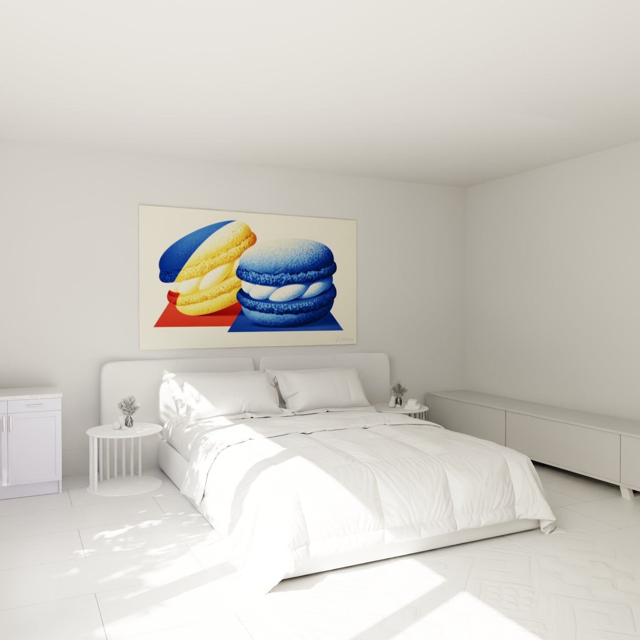 Composition de macarons colorés jaune et bleu marine au-dessus d'un lit dans une chambre claire