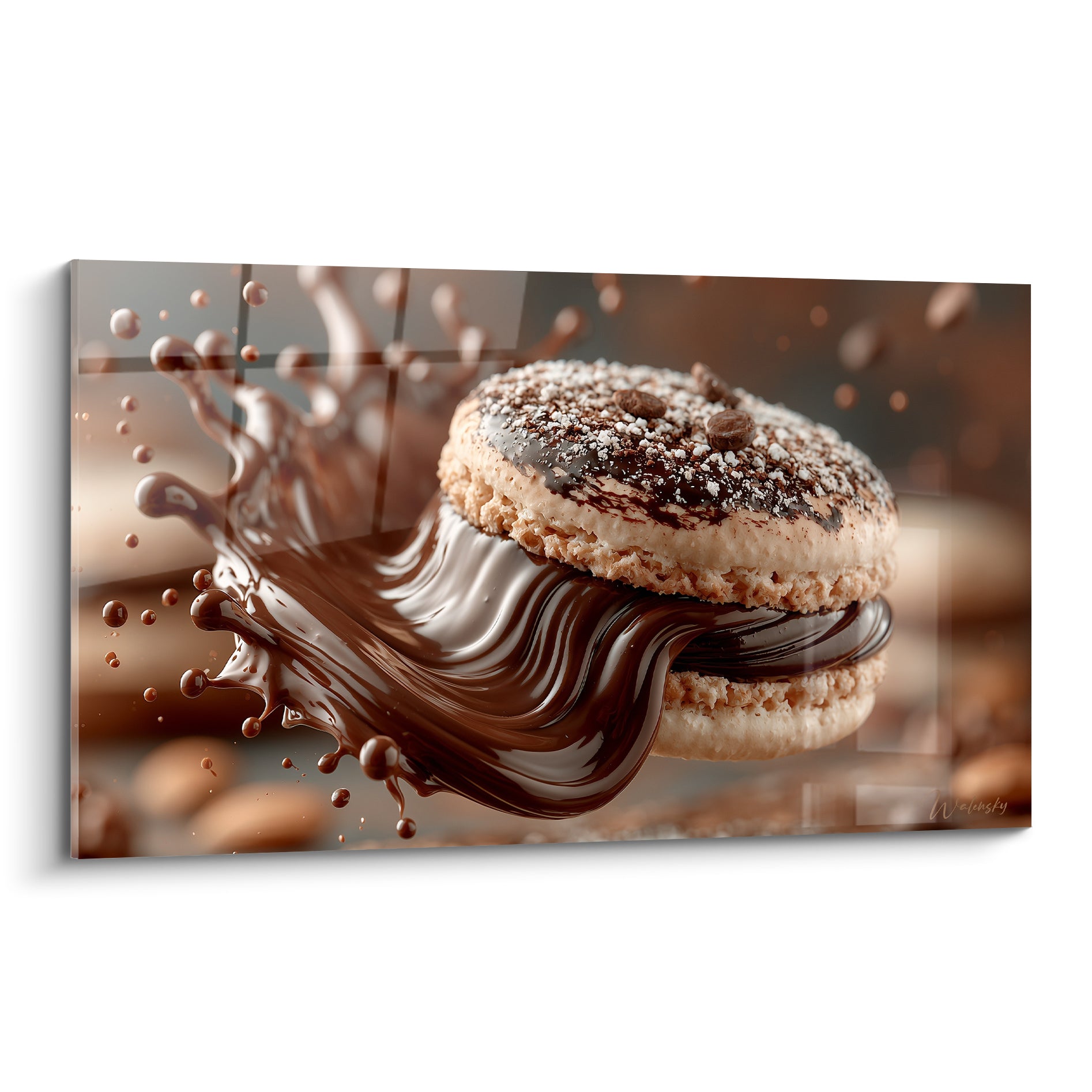 Macaron beige et chocolat brun en pleine éclaboussure, coulures et grains de café visibles