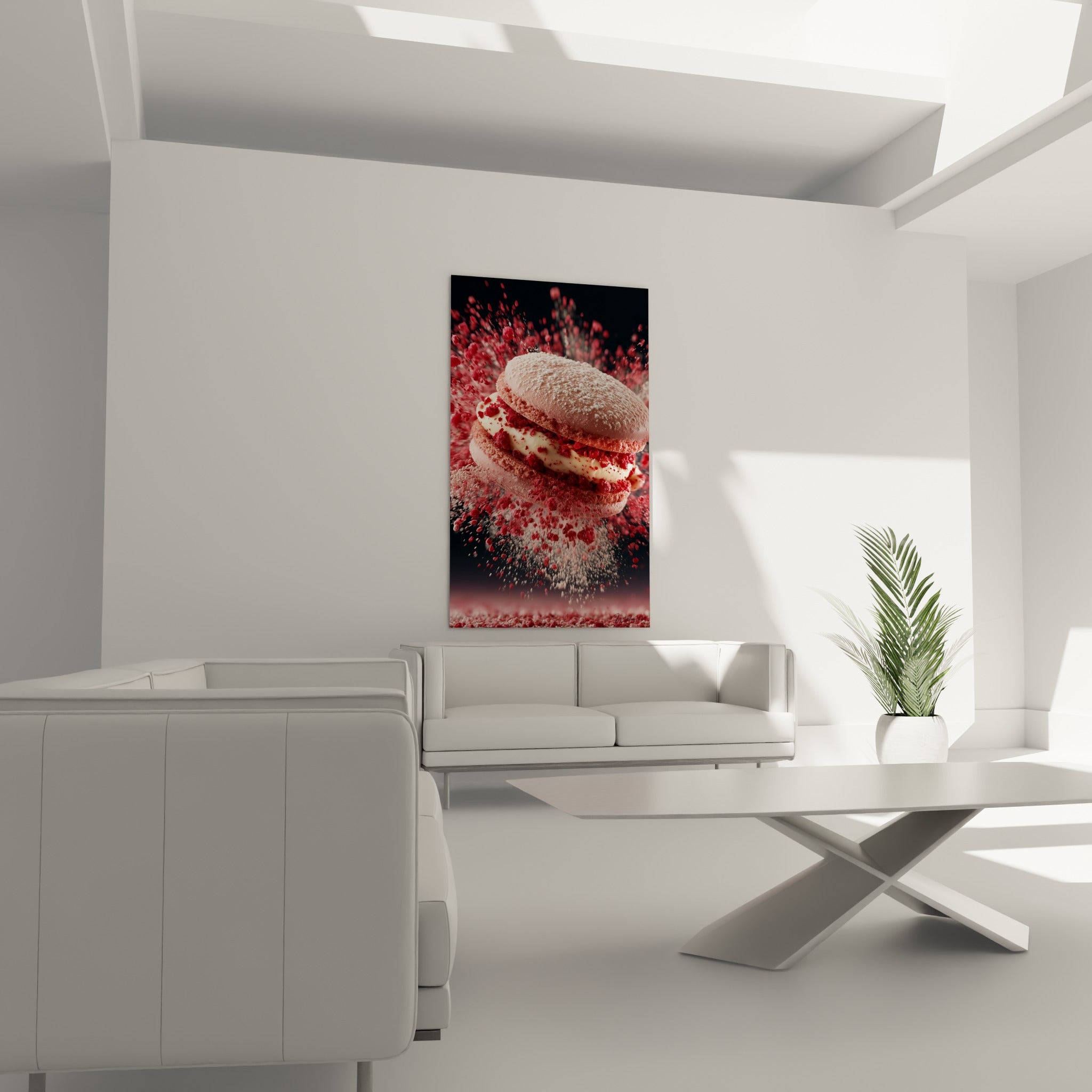 Macaron poudré et framboise en suspension domine un mur au-dessus d'un canapé dans un salon lumineux