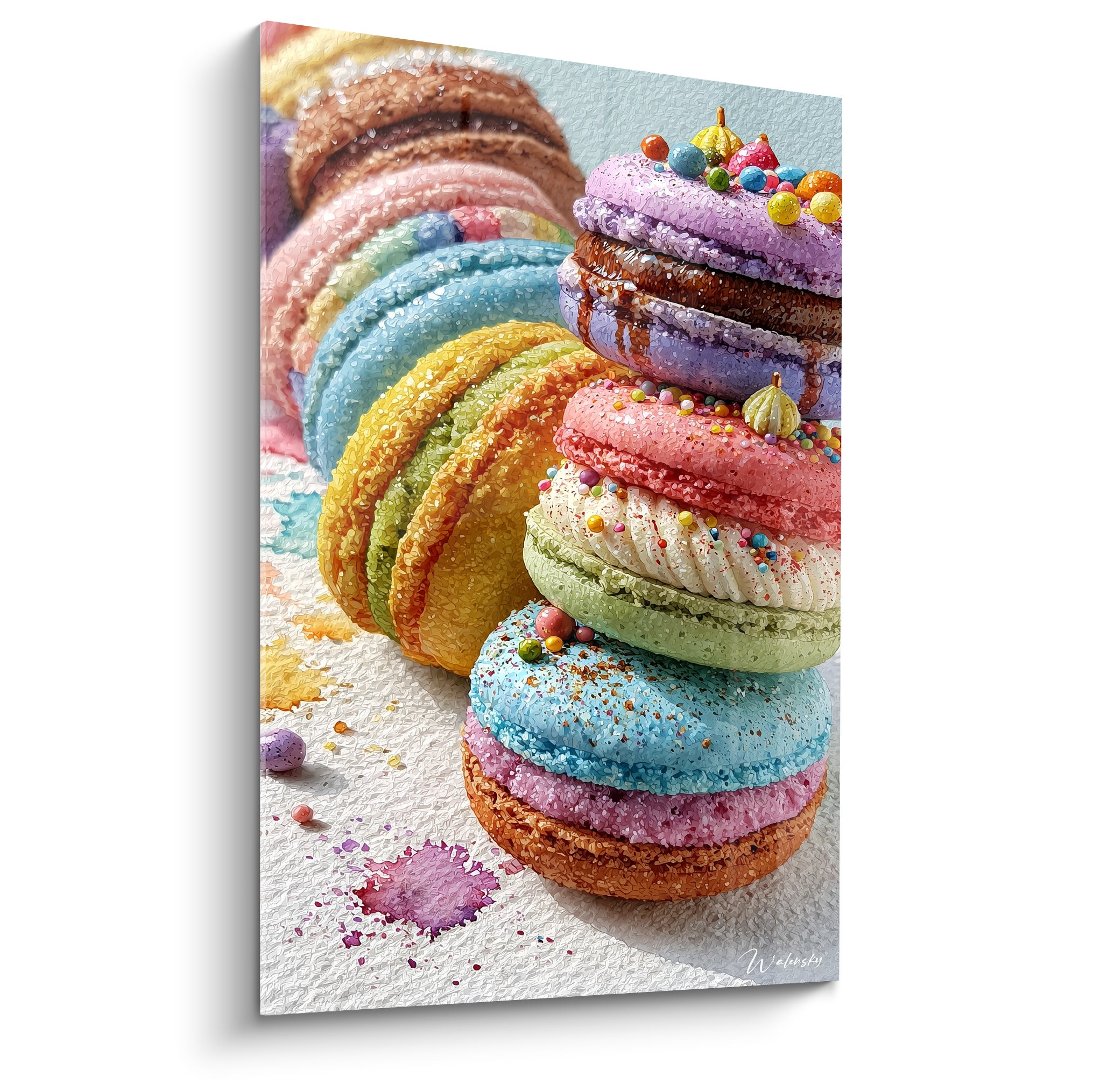 Macarons empilés en bleu pastel, rose et violet, aux coques granuleuses et coulures brillantes