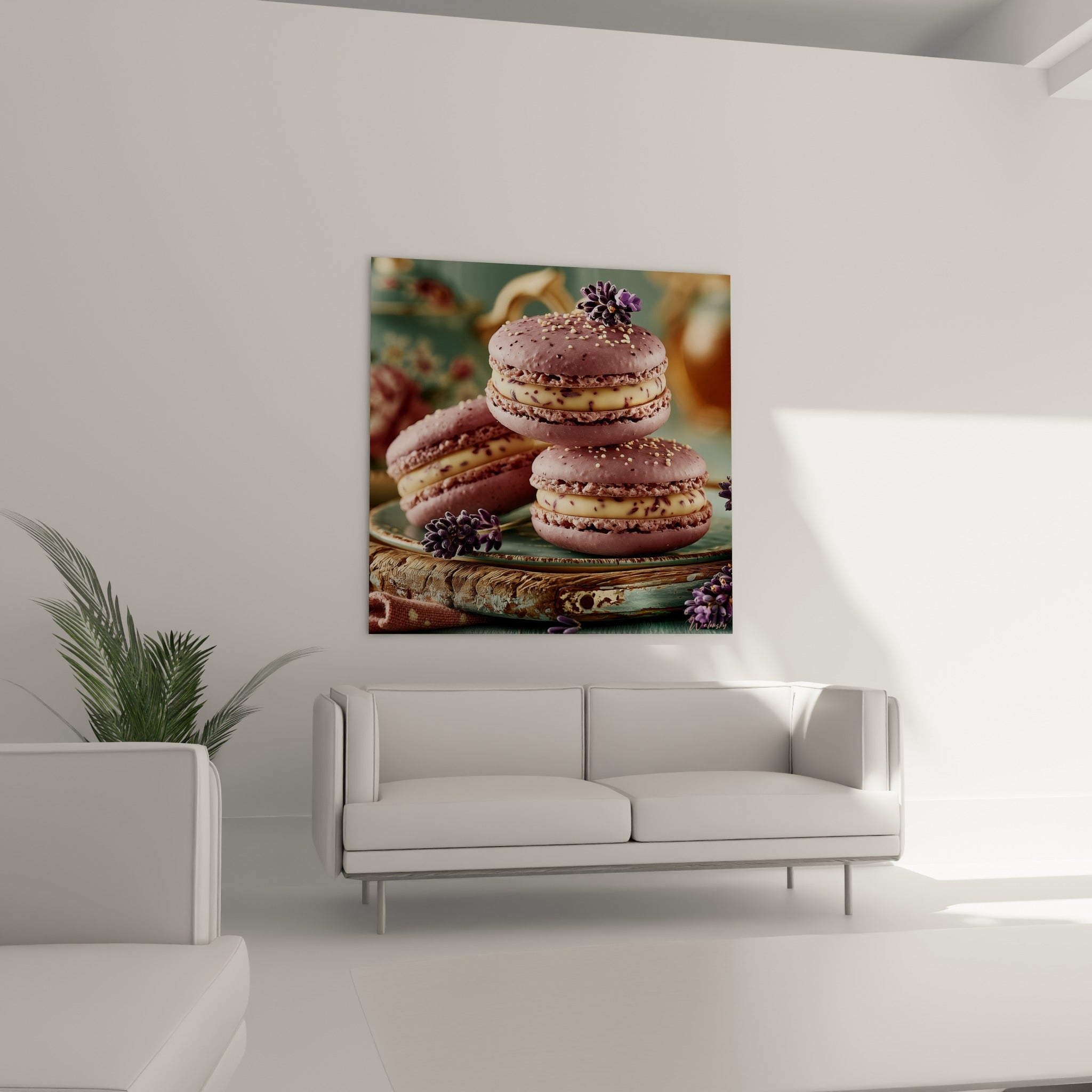 Macarons mauves garnis de crème et lavande violette, au-dessus d'un canapé dans un salon lumineux