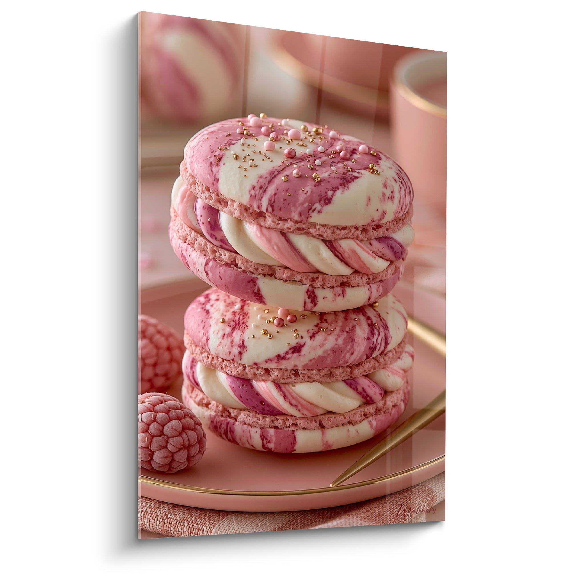 Macarons roses et blancs marbrés empilés avec perles dorées sur assiette rose poudré