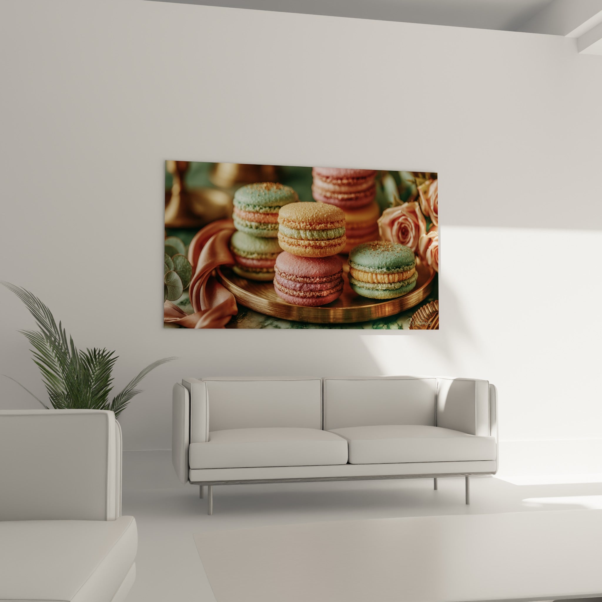 Empilement de macarons pastel et ruban satiné cuivré formant ce tableau macaron au-dessus d'un canapé dans un salon lumineux