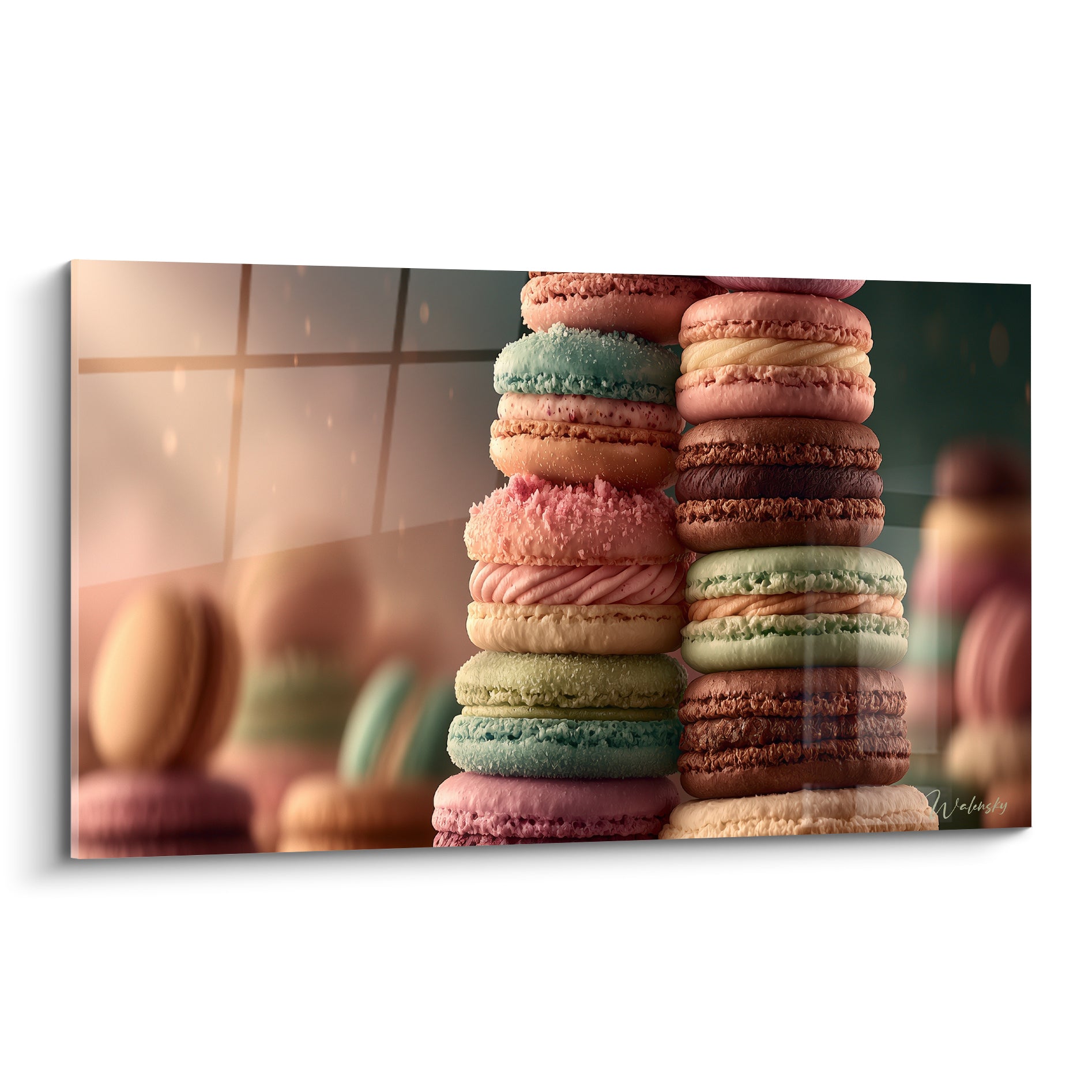 Macarons empilés en deux colonnes aux teintes vert sauge, rose poudré et chocolat sur fond flou.