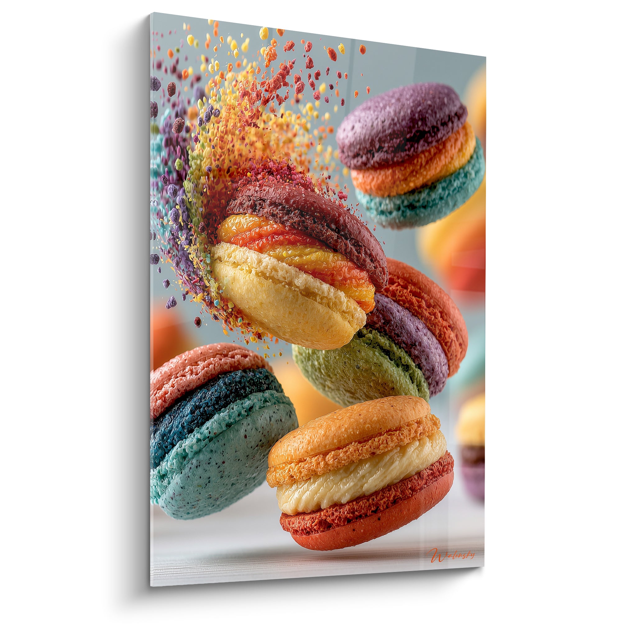 Macarons violet, turquoise et orange explosant en poudre colorée sur fond gris clair