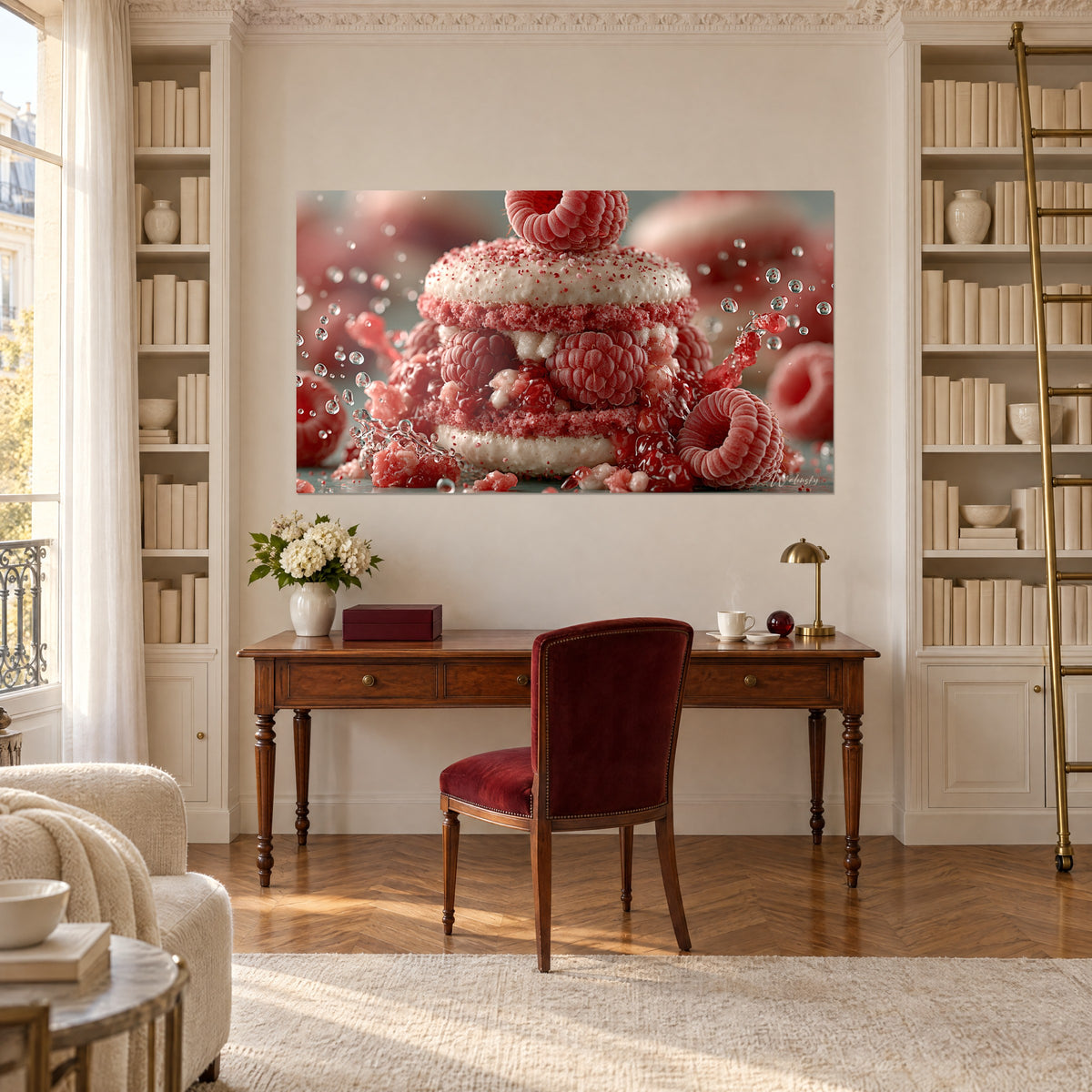Πίνακας γιγάντιο macaron γεμάτο κόκκινα φραμπουάζ και λευκή κρέμα, λάμψεις νερού, ξύλινο γραφείο και λευκή βιβλιοθήκη