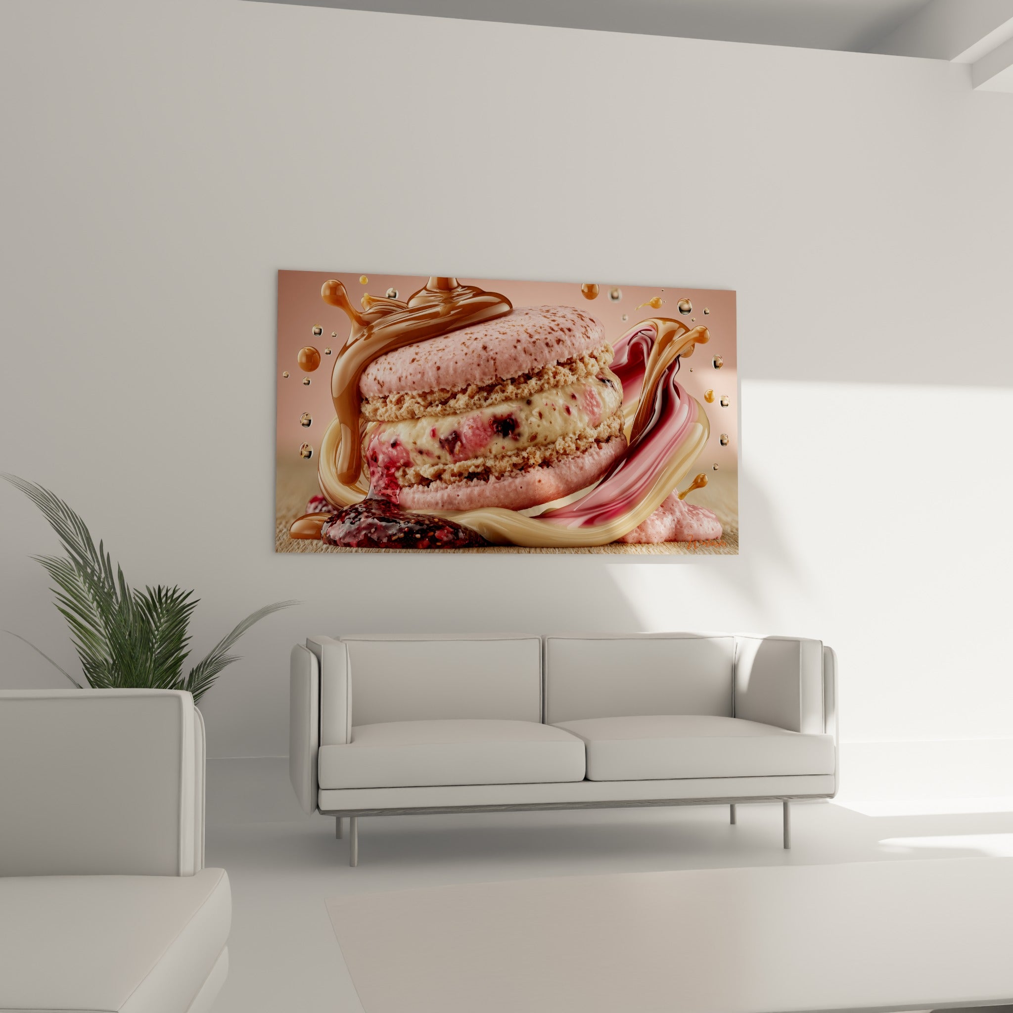 Coulures crémeuses et framboise éclatante du macaron accrochées au-dessus d'un canapé dans un salon lumineux