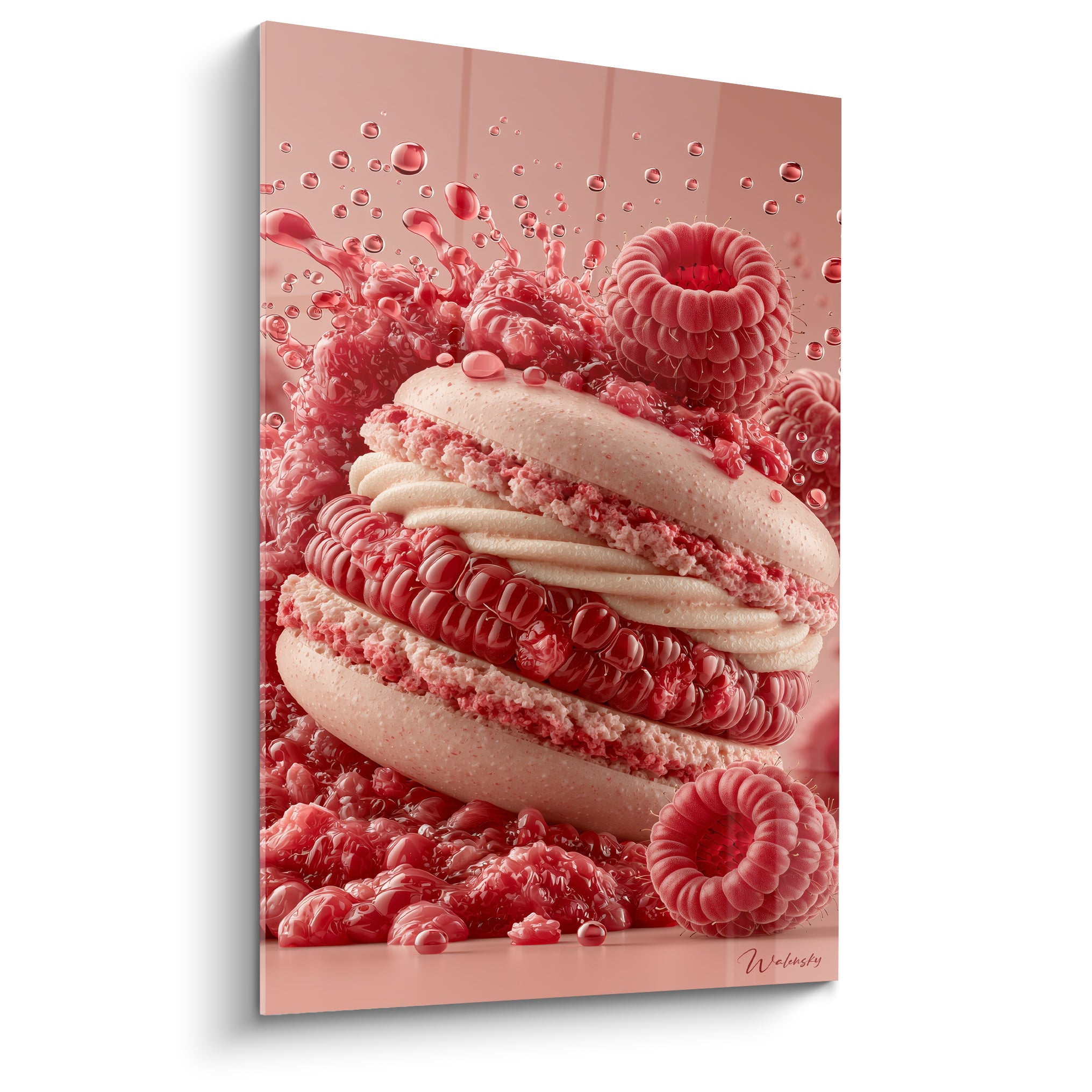 Macaron rose éclaté de framboises rouges, crème blanche débordante, fond rose dégradé