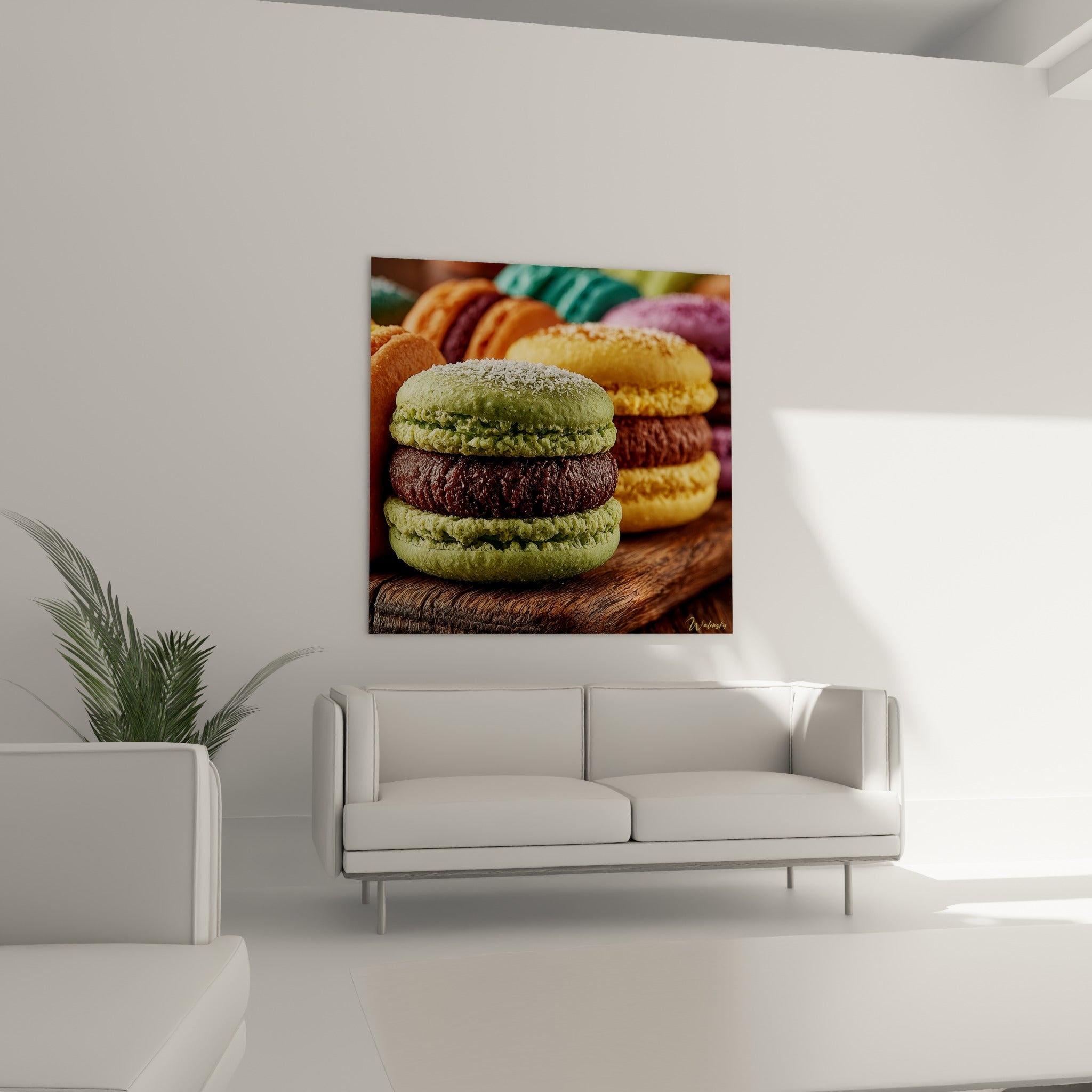 Macaron vert et brun garni de ganache fondante, au-dessus d'un canapé dans un salon lumineux