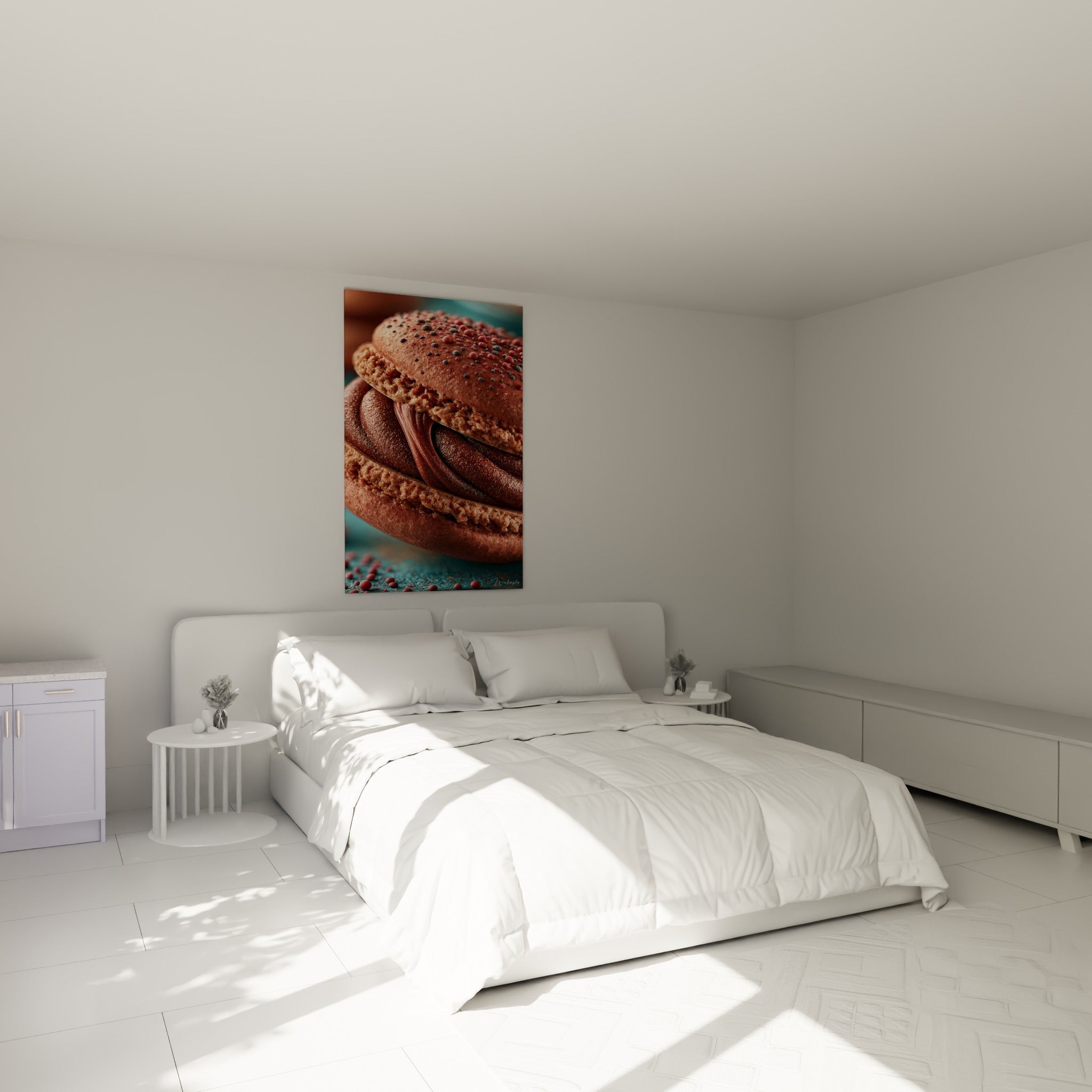Macaron brun et rose au-dessus d'un lit dans une chambre claire, texture granuleuse visible