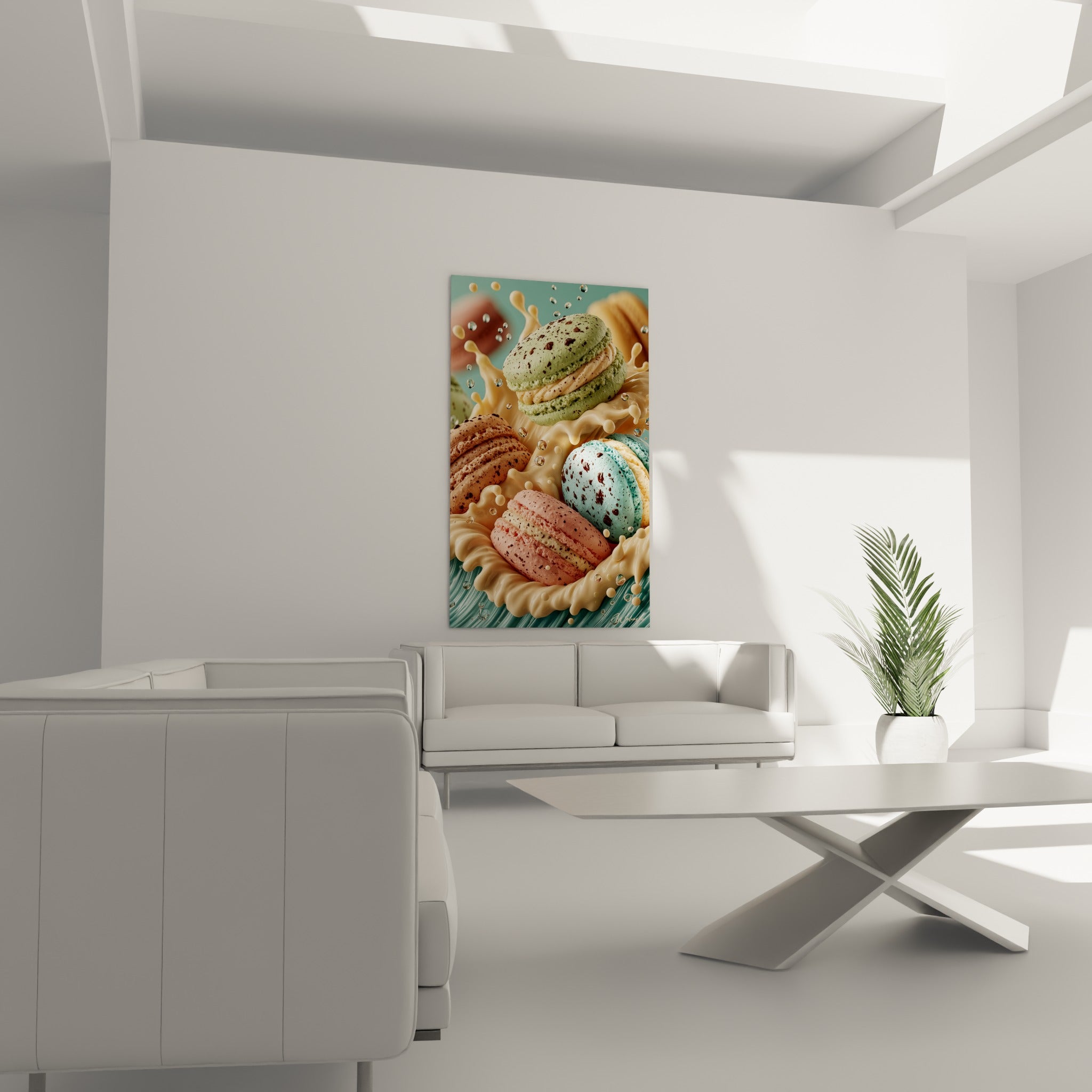 Biscuits gourmands roses et pistache flottant dans une vague beige au-dessus d'un canapé dans un salon lumineux