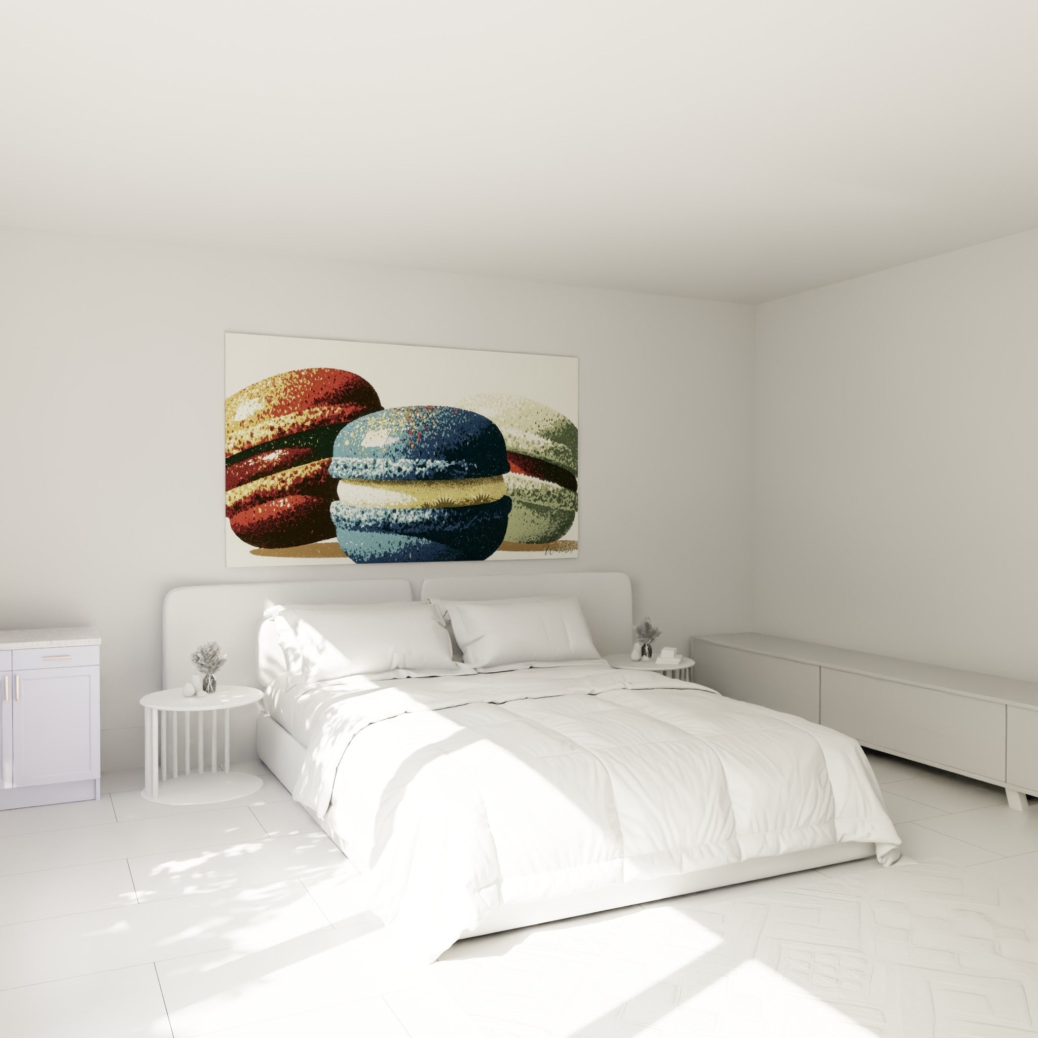 Macarons bleu marine et bordeaux gourmands accrochés au-dessus d'un lit dans une chambre claire