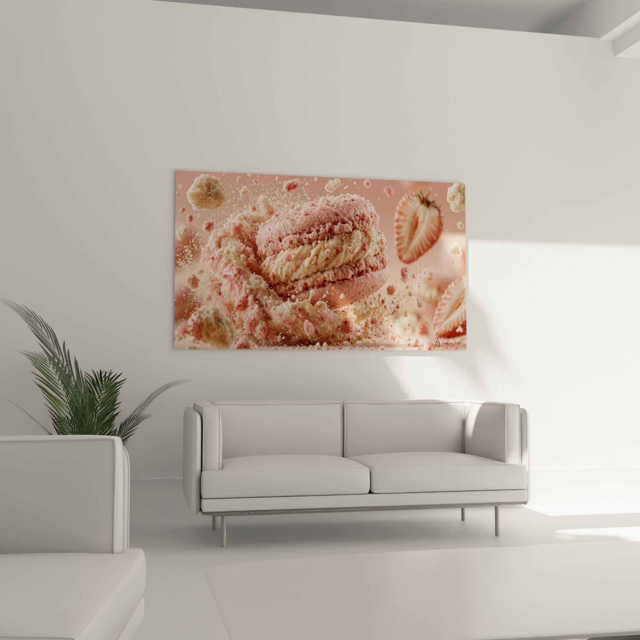 Macaron gourmand rose poudré et crème blanche au-dessus d'un canapé dans un salon lumineux