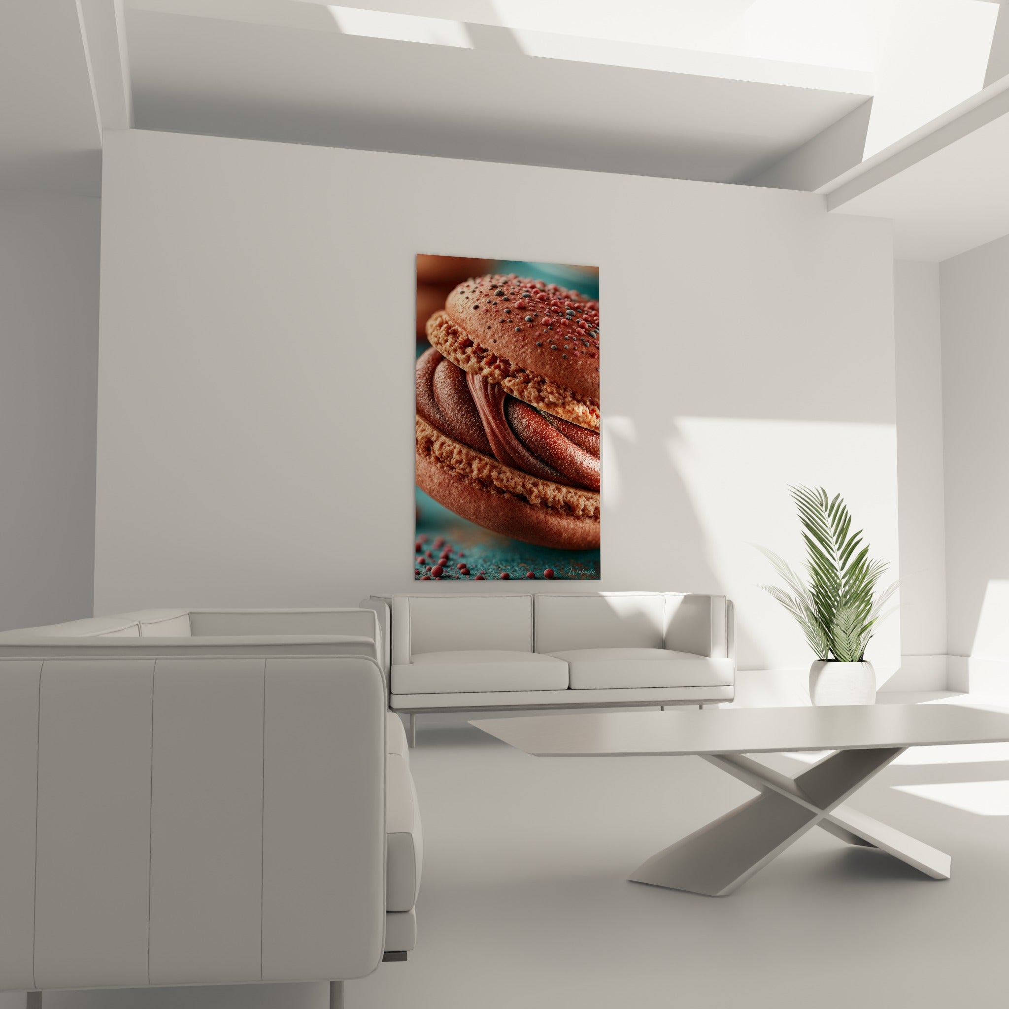 Macaron rose et chocolat au-dessus d'un canapé dans un salon lumineux, perles éparses colorées