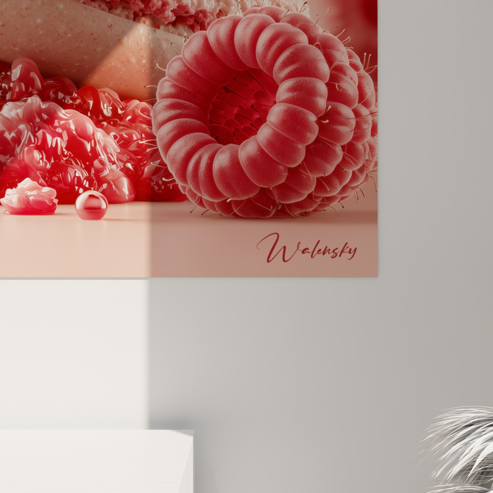 Gouttelettes de jus rouge et grain sucré de la coque rose visibles de près sur ce tableau macaron