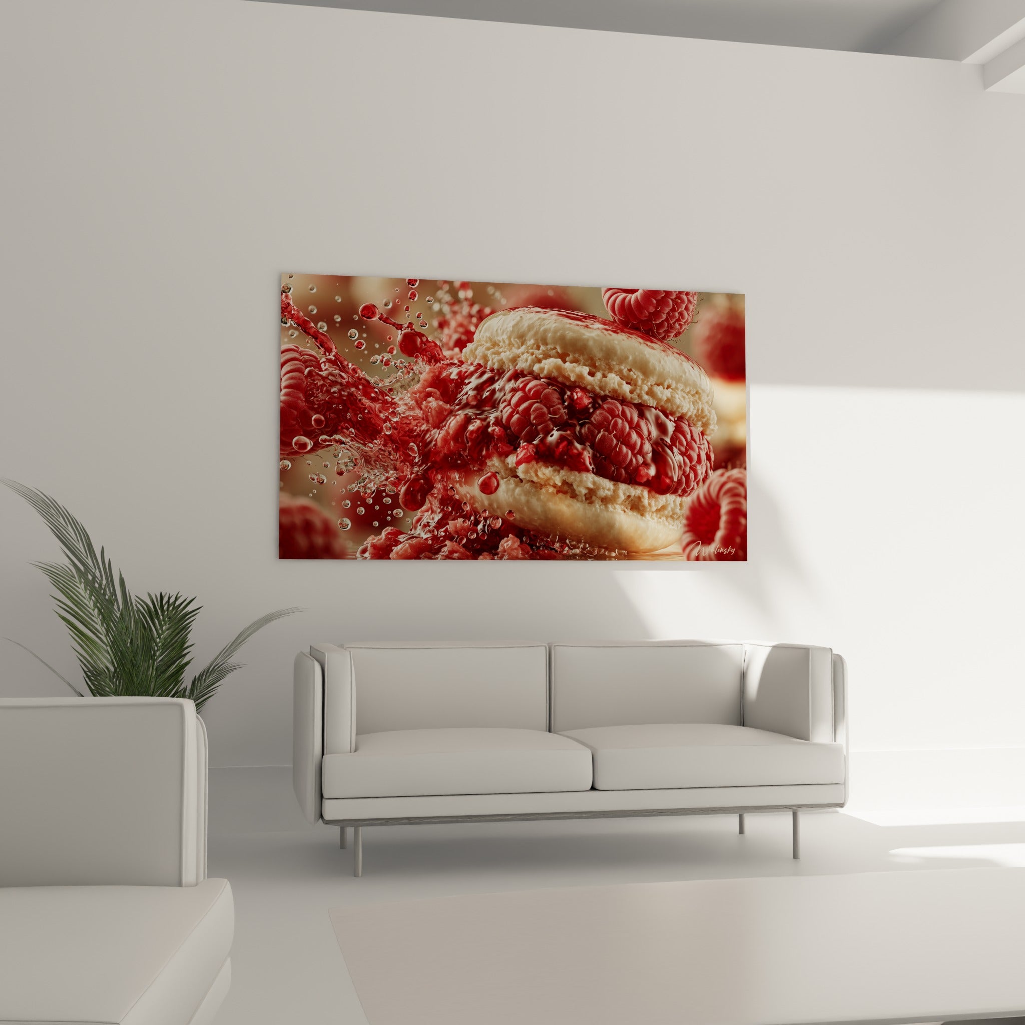 Fruit rouge framboise et crème ivoire du macaron affichés au-dessus d'un canapé dans un salon lumineux