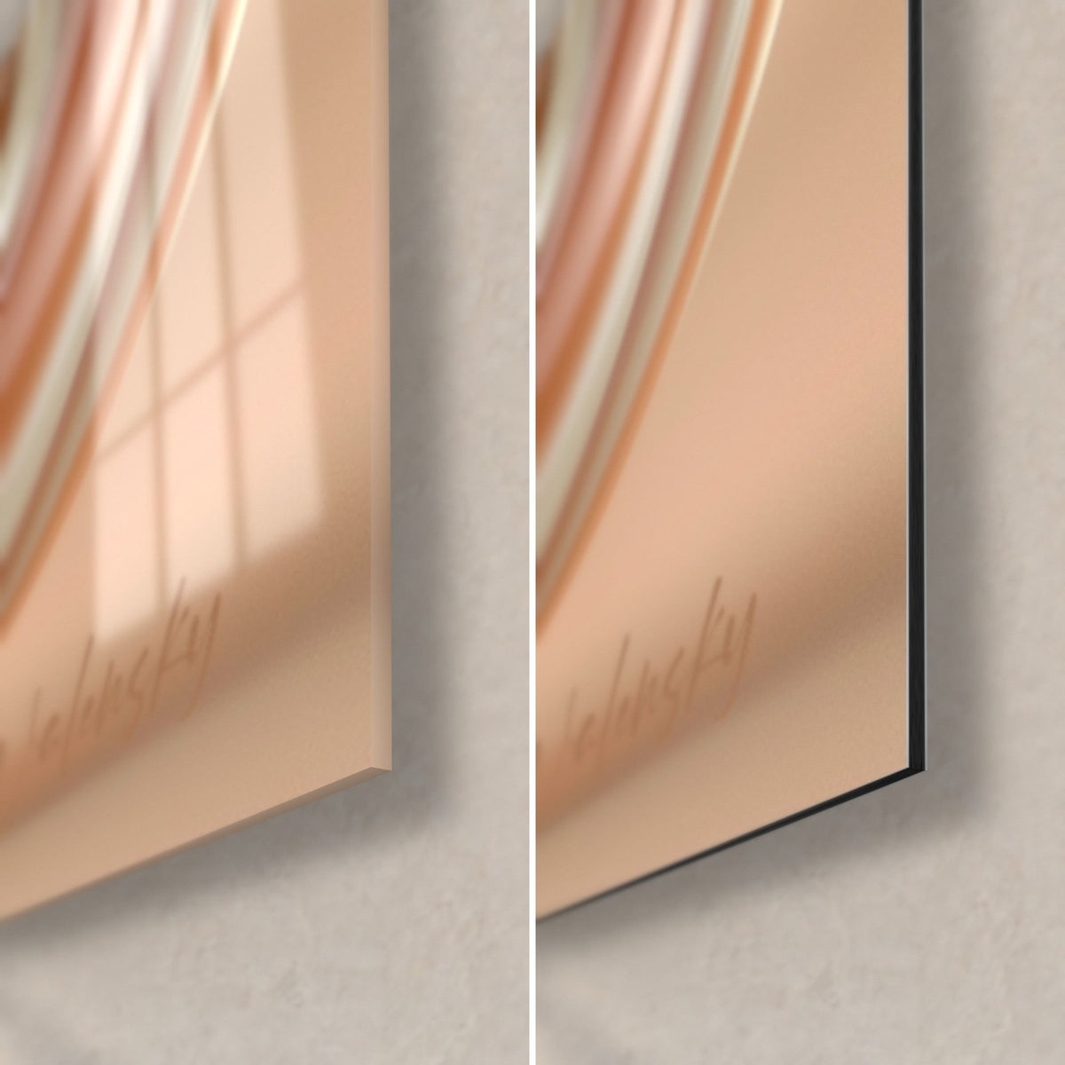 Tableau macaron au caramel, coin bas droit : verre acrylique brillant à gauche, Dibond noir mat à droite, tranche de 3 mm