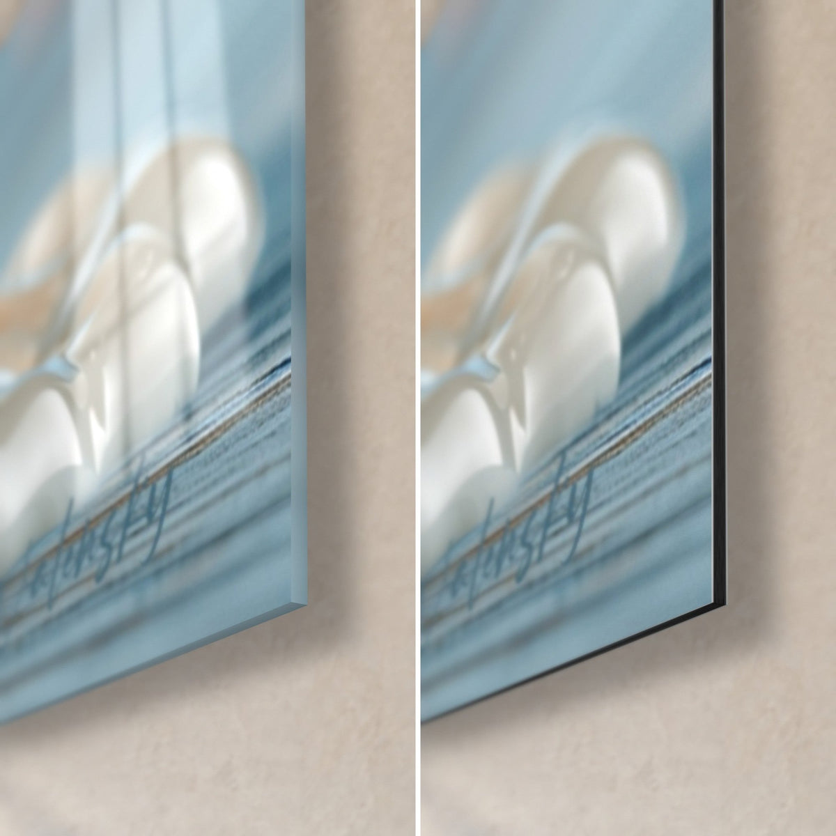 Tableau gourmandise saumon éclaboussant du lait, coin bas droit en verre brillant à reflets et alu Dibond mat, tranche de 3 mm